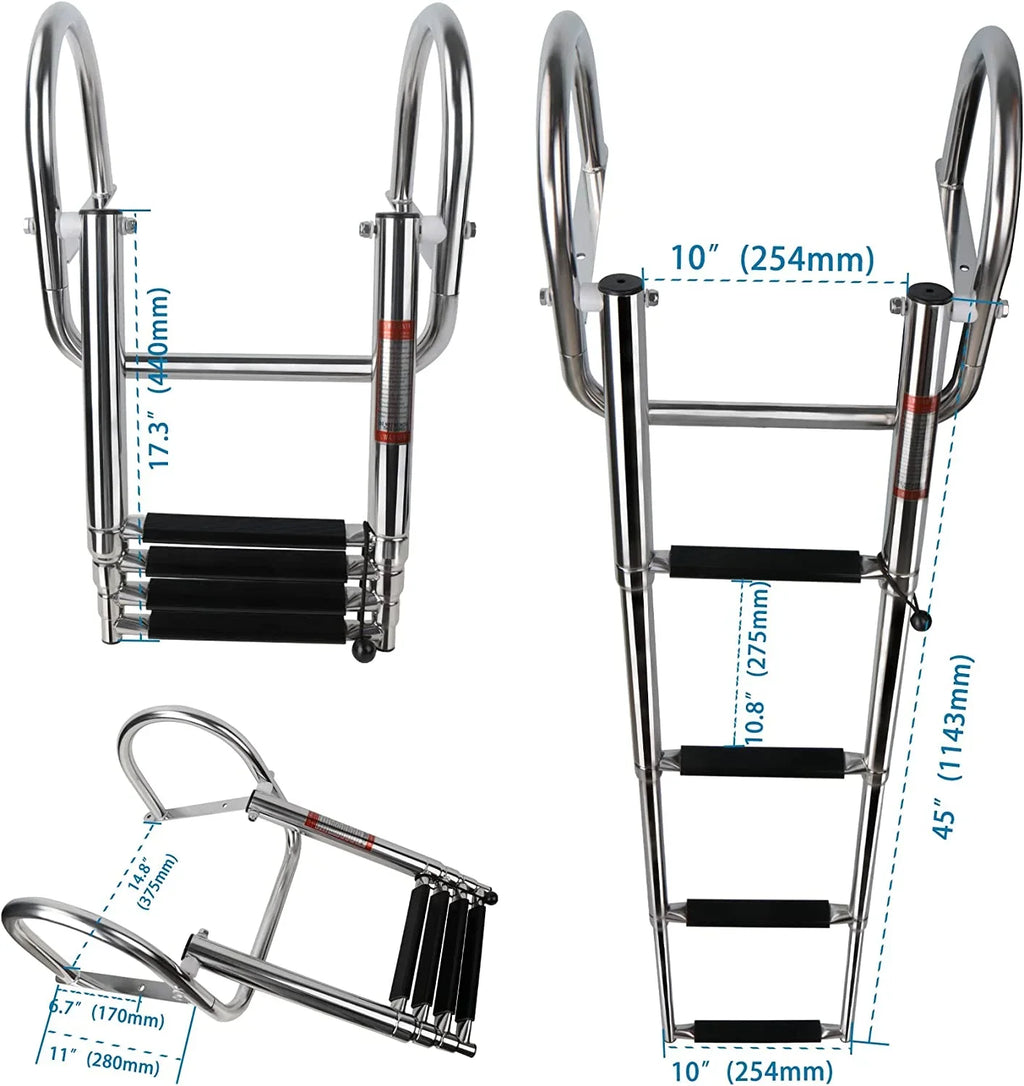 4 Step Pontoon Vessel Ladder,Heavy Duty Telescoping Watercraft Boarding Ladder with Wide Steps, Folding Craft Swim Ladder,Dock Ladder with Hand Railings