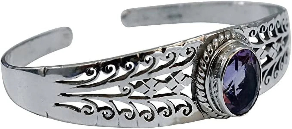Genuine Purple Amethyst Gemstone Handmade Cuff Bracelet Men Women, Genuine 925 Sterling Silver Fashion Bracelets, Adjustable Designer Jewelry Gifts