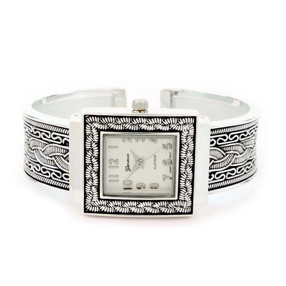 Silver Metal Western Style Decorated Square Face Women's Bangle Cuff Watch