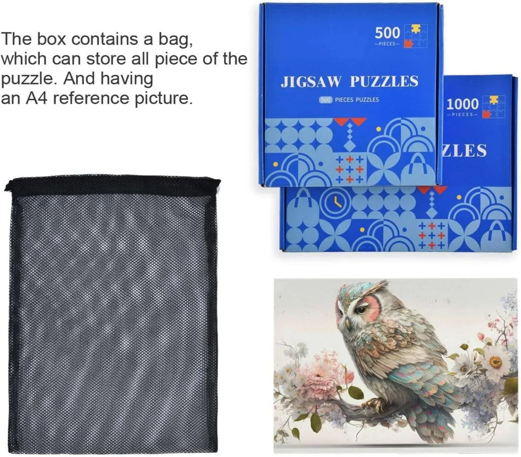 500 PCS Art Floral Owl Jigsaw Puzzle, Paper Wood Composite Material Zigsaw with Storage Bag, Puzzle Adults, Fun Challenging Brain Exercise Family Game Gift Kids Friends Parents