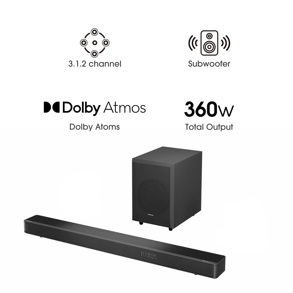 Restored Hisense 3.1.2 Ch 360W Soundbar with Wireless Subwoofer* and Dolby Atmos (AX3120G) (Refurbished)