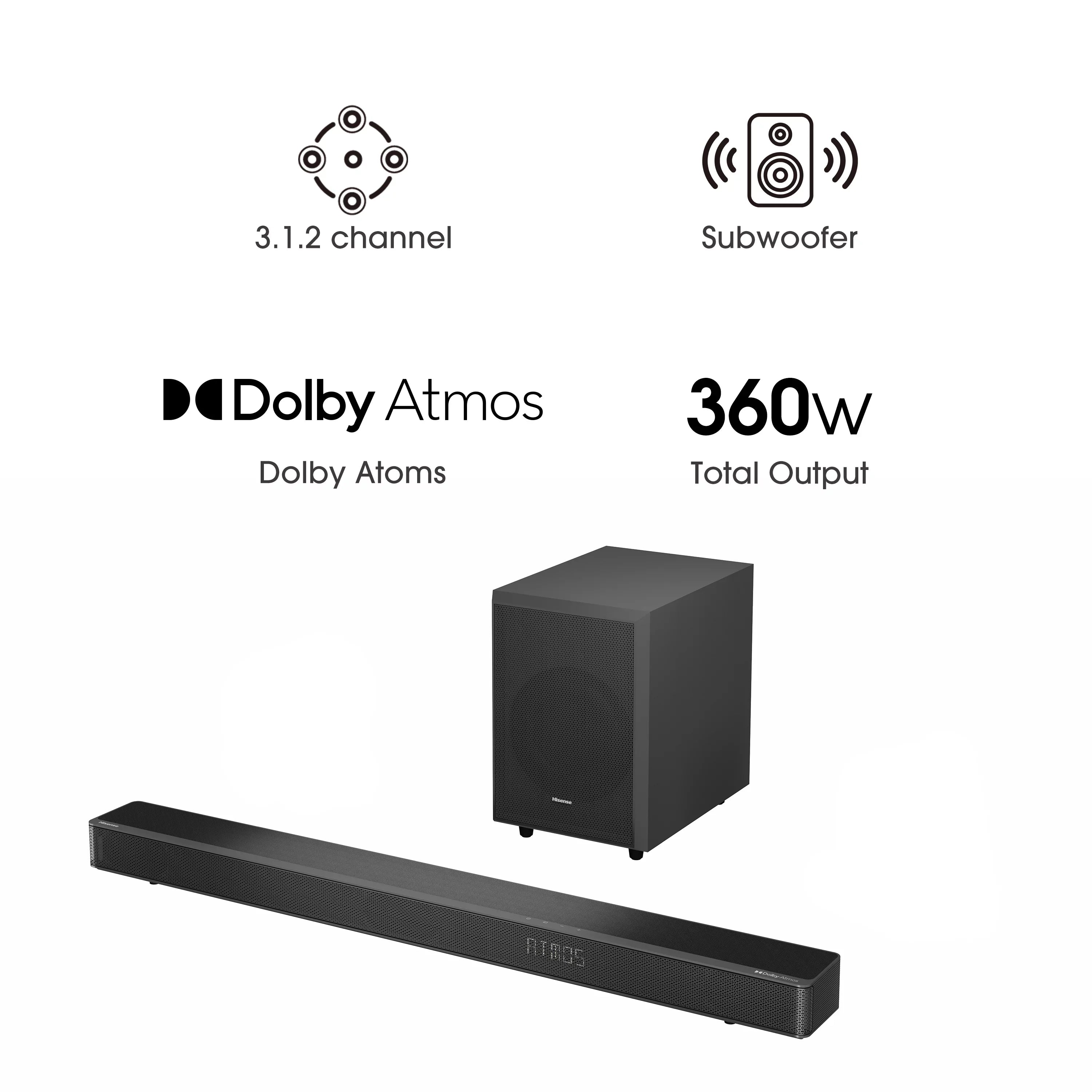 Restored Hisense 3.1.2 Ch 360W Soundbar with Wireless Subwoofer* and Dolby Atmos (AX3120G) (Refurbished)