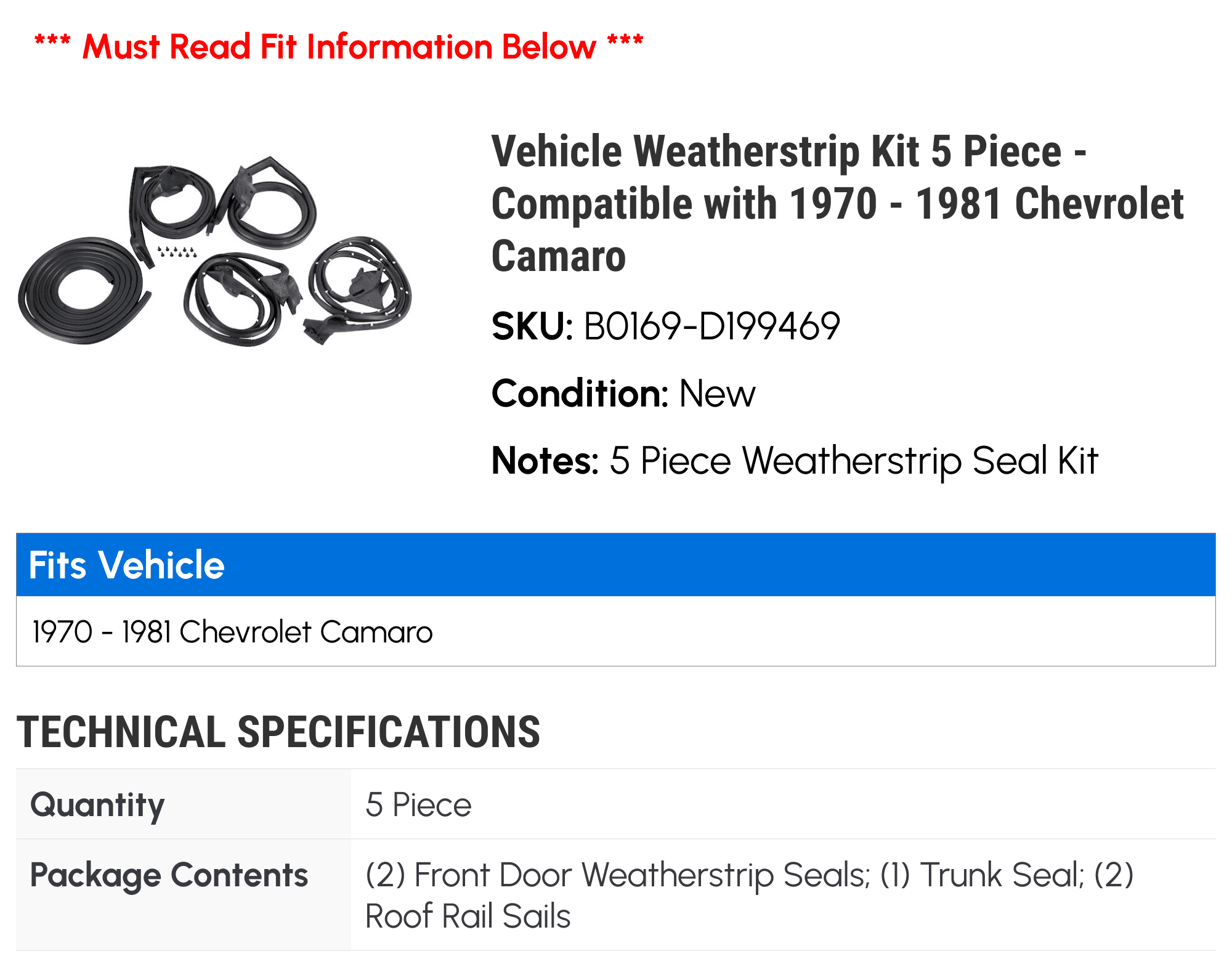 Vehicle strip Kit 5 Piece - with 1970 - 1981 Chevy Camaro 1971 1972 1973 1974 1975 1976 1977 1978 1979 1980