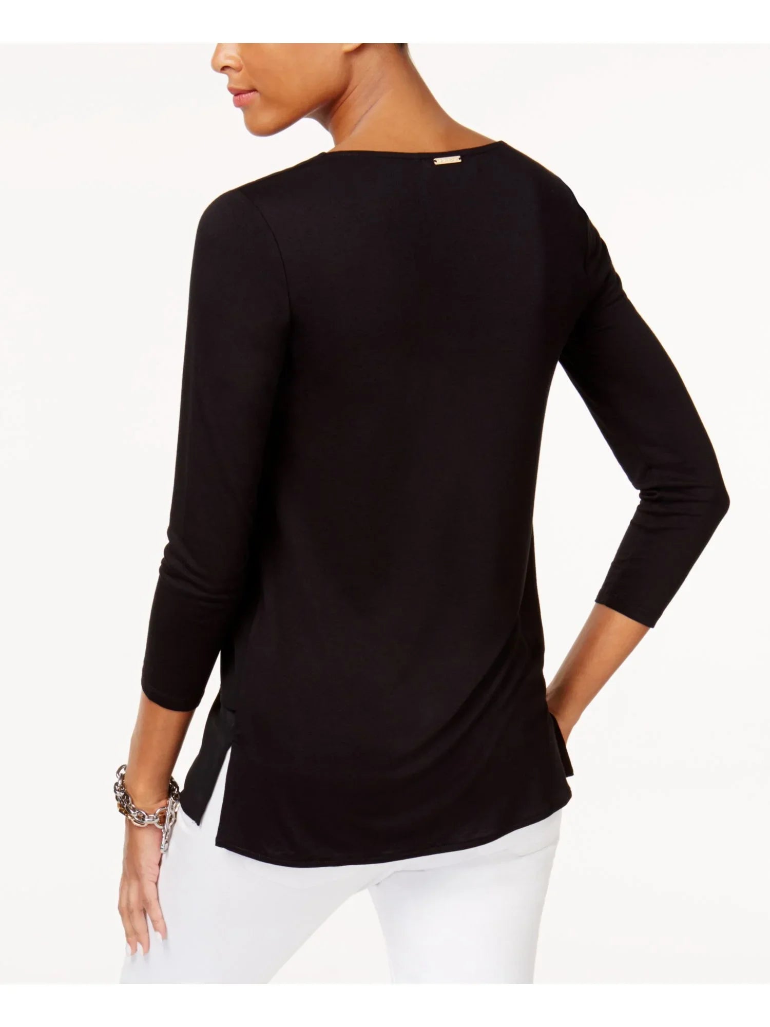 MICHAEL KORS Womens Black 3/4 Sleeve V Neck Tunic Top XS