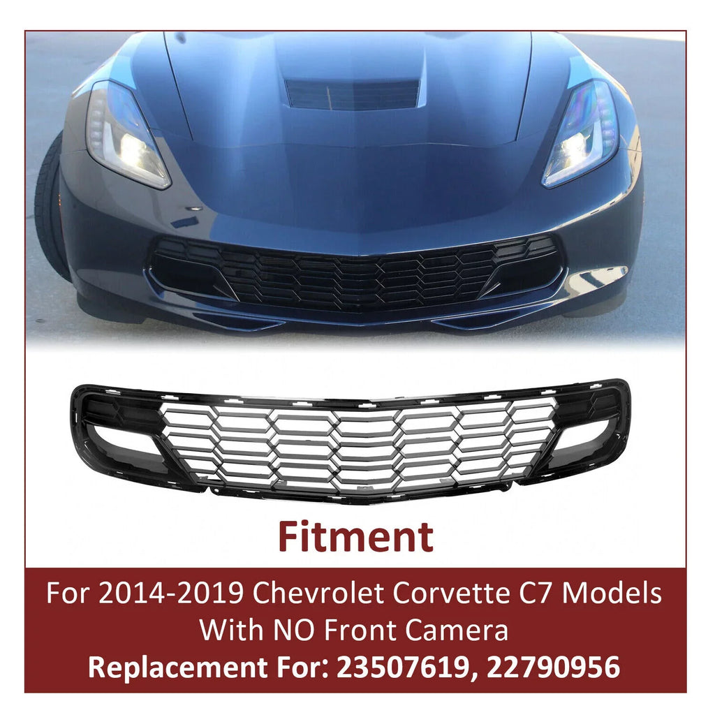 Kojem Front Lower Grille 2014-2019 Chevrolet Corvette C7 All Models Z06 Style Bumper Shield Painted Glossy Black Plastic (W/O Front Camera Bracket)