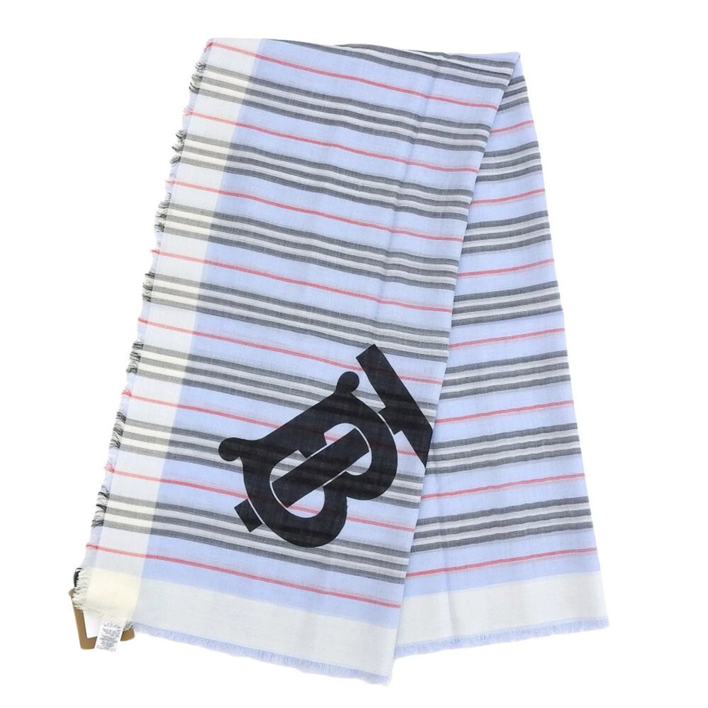 Pre-Owned Burberry BURBERRY scarf border stripe wool silk light blue 80173691 (Like New)