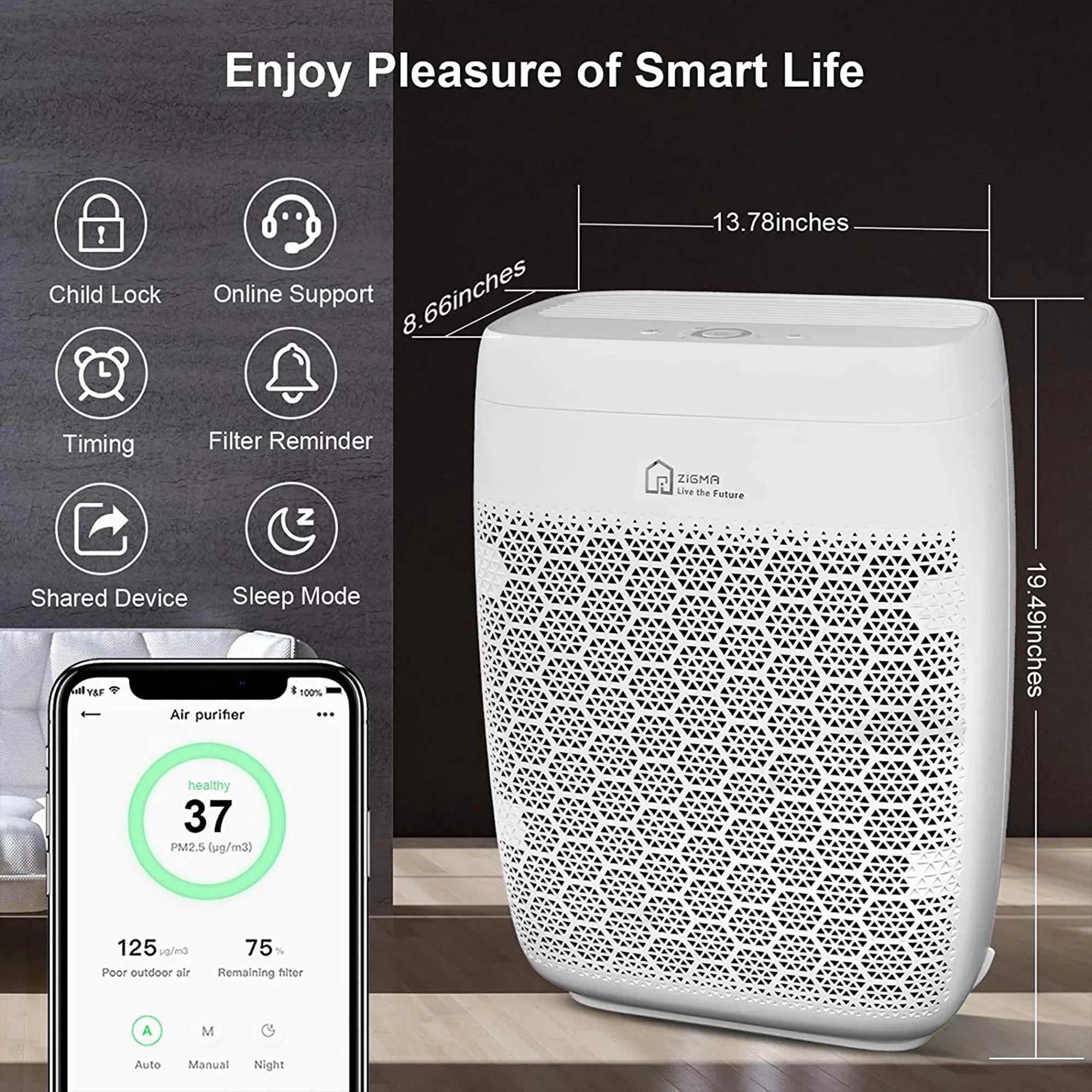 Zigma Aerio-300 1580 Sq Ft Smart 5-in1 HEPA Air Purifier Home, White