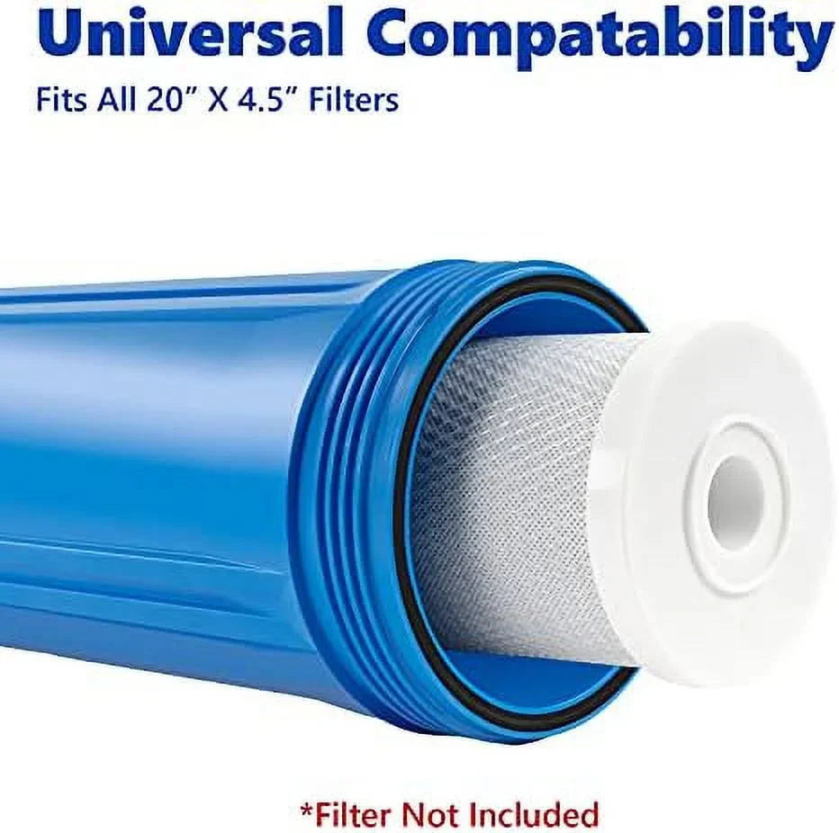 whole house water filter housing, universal 20-inch housing 4.5” x 20”, 1-inch npt inlet outlet, heavy duty standard size replacement includes wrench, pressure release button