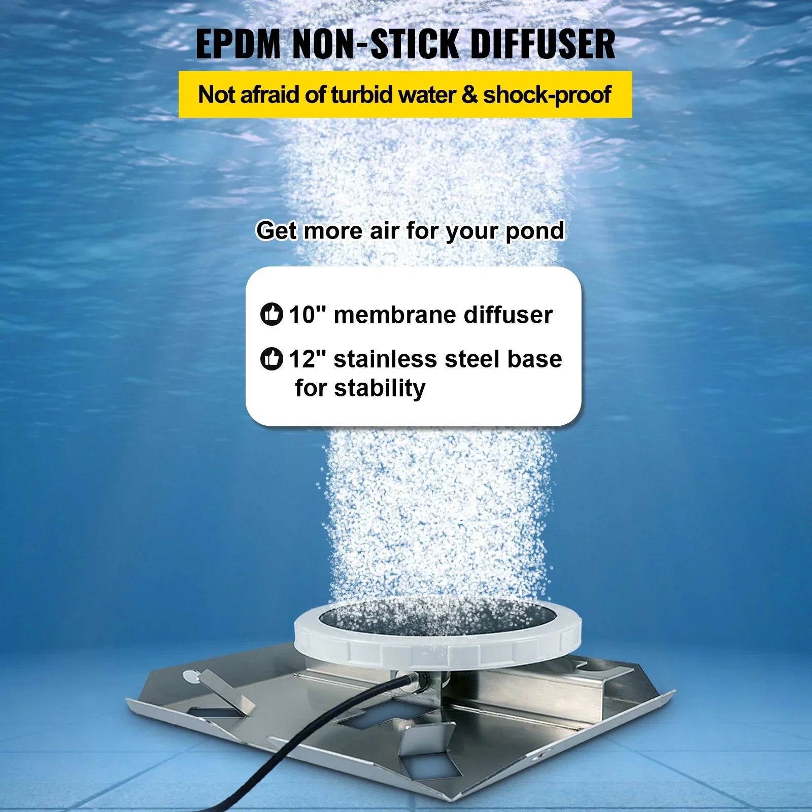 VEVOR 3/4 HP Pond Aerator 3 Acres, 4.7 CFM Lake Aeration System with 100' Weighted Tubing & 10" Membrane Diffuser Deep Water Aeration