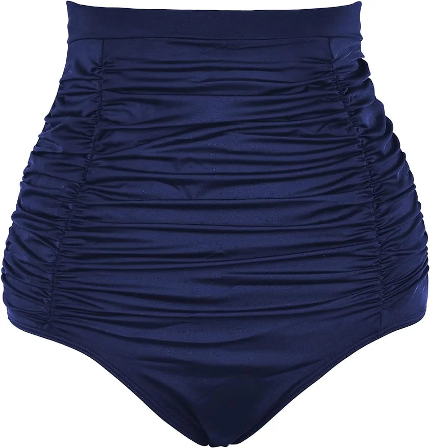 Septangle Women's Vintage Super High Waisted Bikini Bottom Shirred Tankini Briefs Tummy Control Swimsuits Bottoms