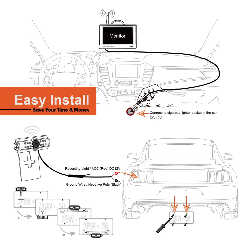 Yuwei 4.3" Digital Wireless Backup Camera and Monitor with Nightvision Rear View Camera Trucks, SUV, and Universal Cars