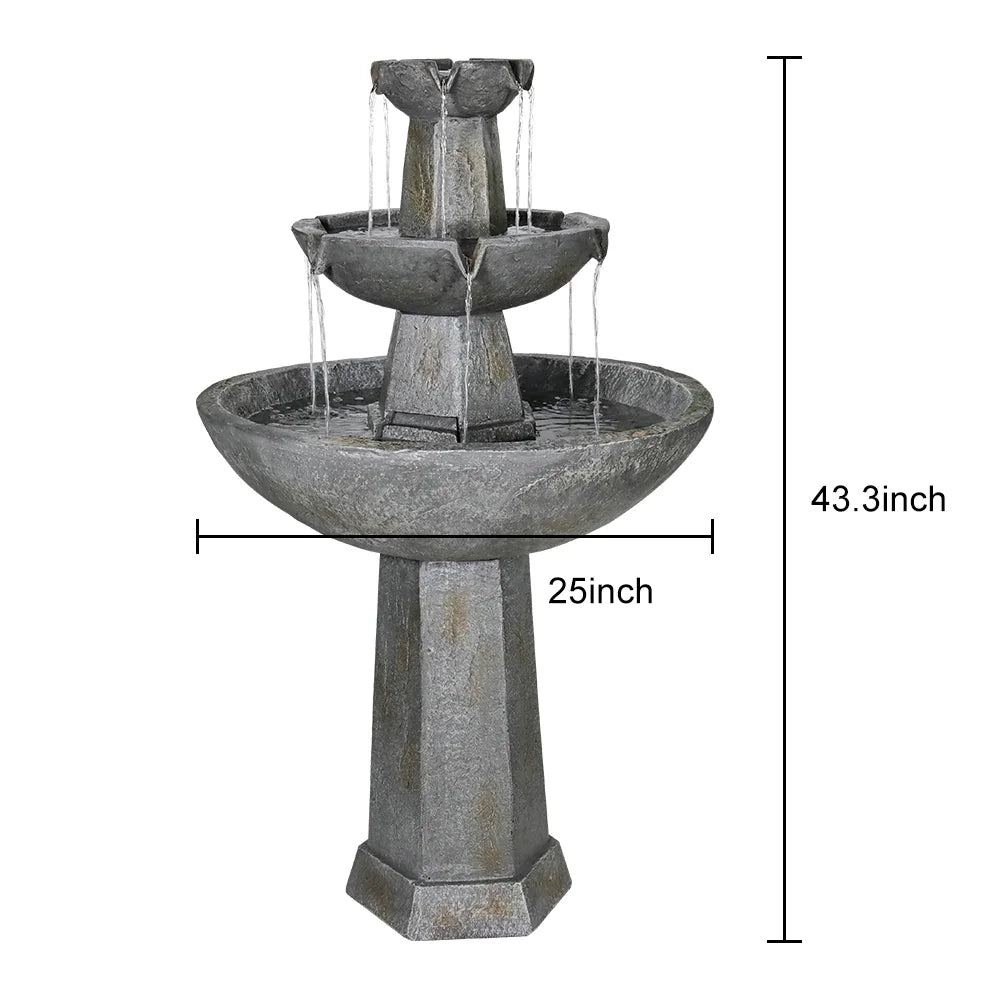 3 Tier Freestanding Waterfall Fountain, 43.3in H Outdoor Fountain with Bird Bath Decor Garden Patio Backyard Deck Home Lawn Porch
