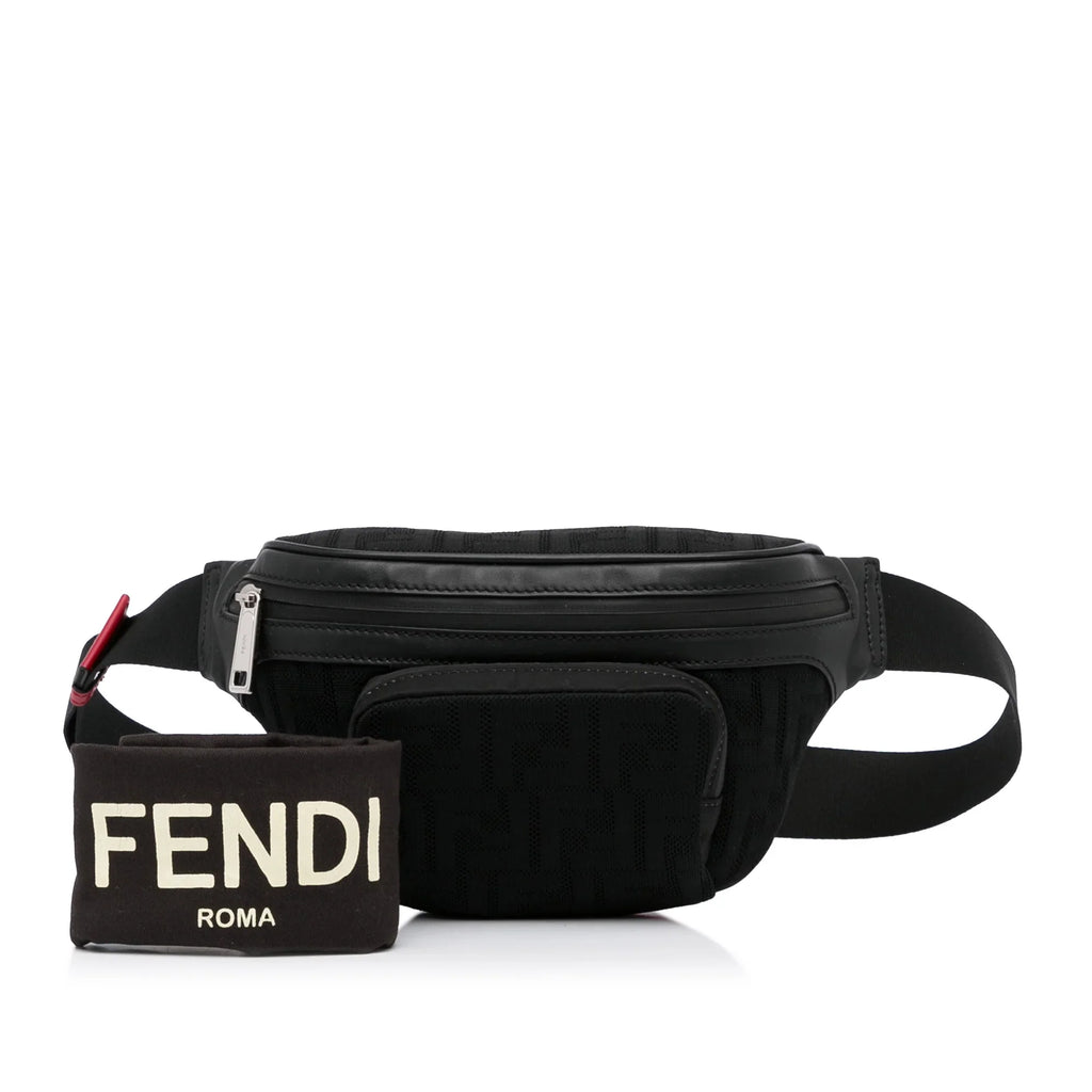 Pre-Owned Authenticated Fendi FF Neoprene Vitello Grace Perated Pocket Belt Bag Knit Fabric Black Unisex (Good)