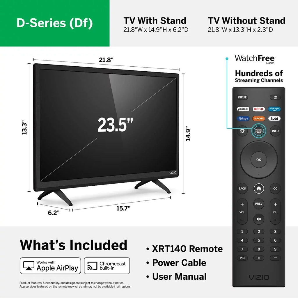 VIZIO 24-inch D-Series Full HD 1080p Smart TV (D24f) with AirPlay and Chromecast Built-in, Screen Mirroring, Voice Control, & 150+ Free Streaming Channels Bundle with Cable Ties and Microfiber