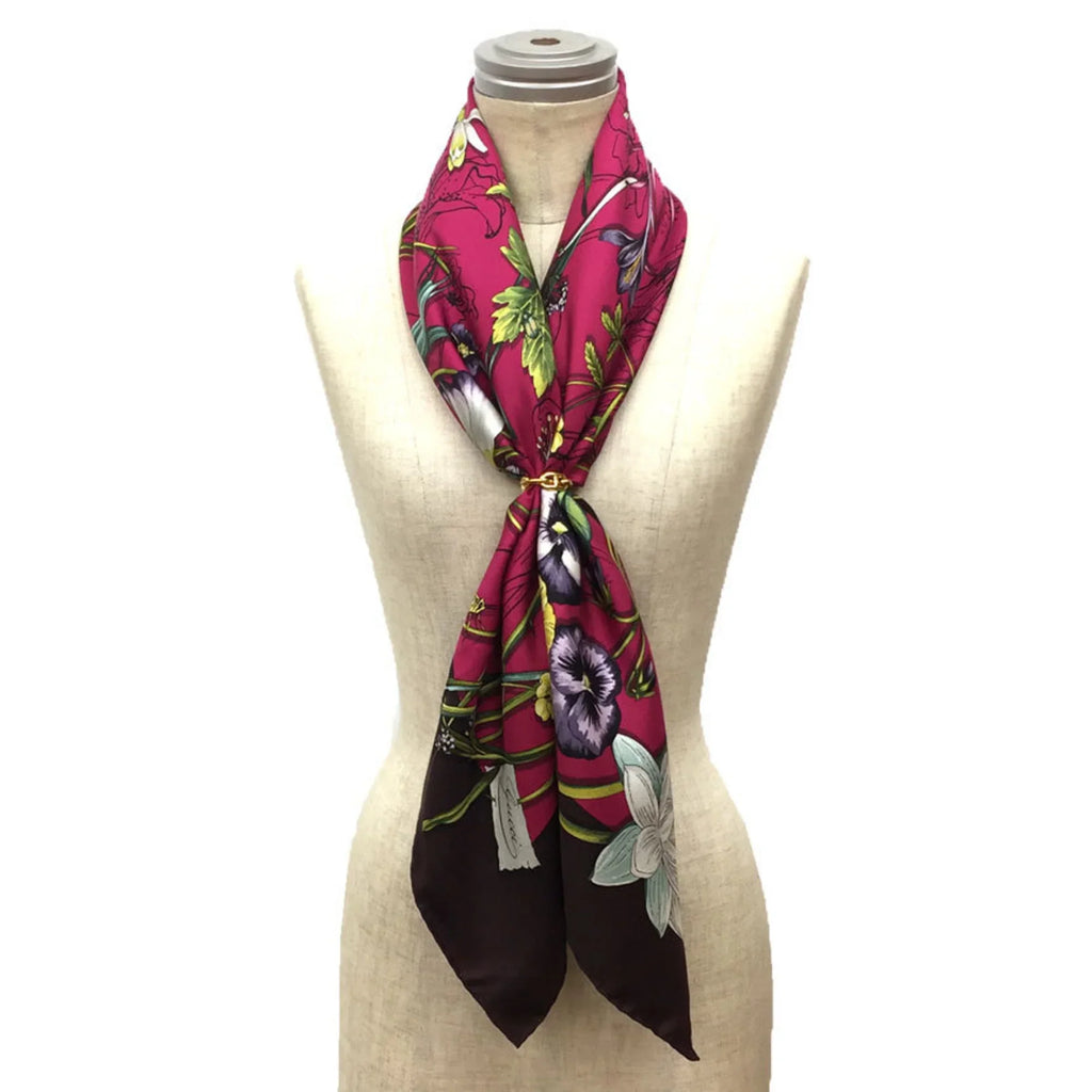 Pre-Owned GUCCI Flora Print Scarf Muffler Large Carre 100% Silk Flower Pink x Bordeaux Gucci aq9410 (Like New)