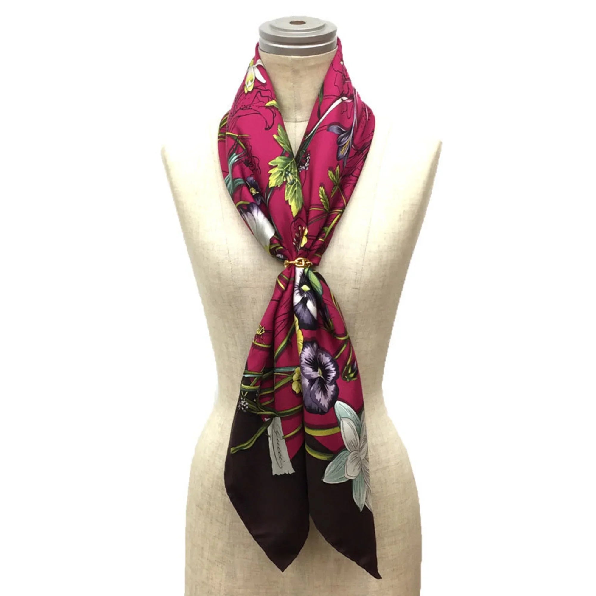 Pre-Owned GUCCI Flora Print Scarf Muffler Large Carre 100% Silk Flower Pink x Bordeaux Gucci aq9410 (Like New)