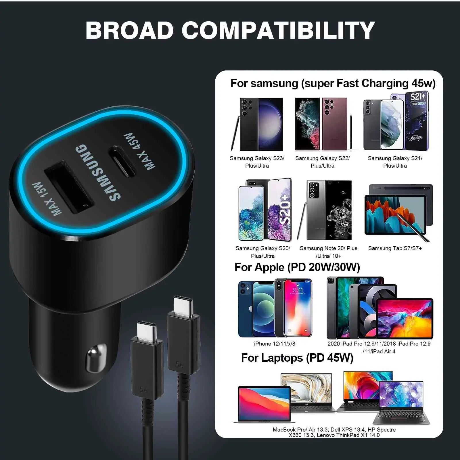 Super Fast Dual Car Charger Usb (45W+15W) Two Ports EP-L5300 Black Lenovo Legion Y700 (2023)