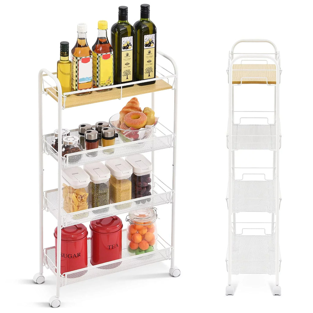 KK KINGRACK 4-Tier School Rolling Cart, Mesh Storage Utility Carts with Wooden Tabletop Kitchen Bathroom, White