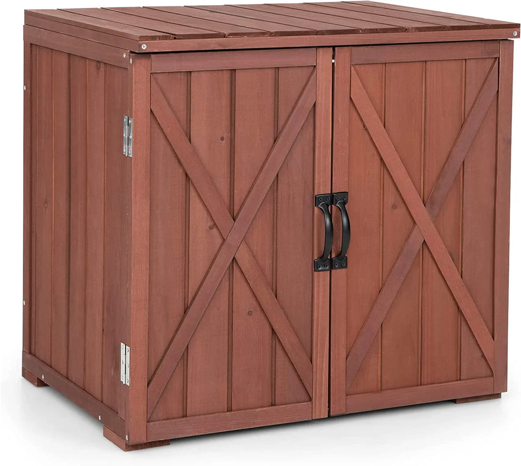 30" Outdoor Storage Box, Wooden Storage Deck Box W/Spacious Inner Space & Countertop, Tool Storage Cabinet Backyard Garden Porch, Easy Assembly, 30" x 22" x 28.5" (Brown)