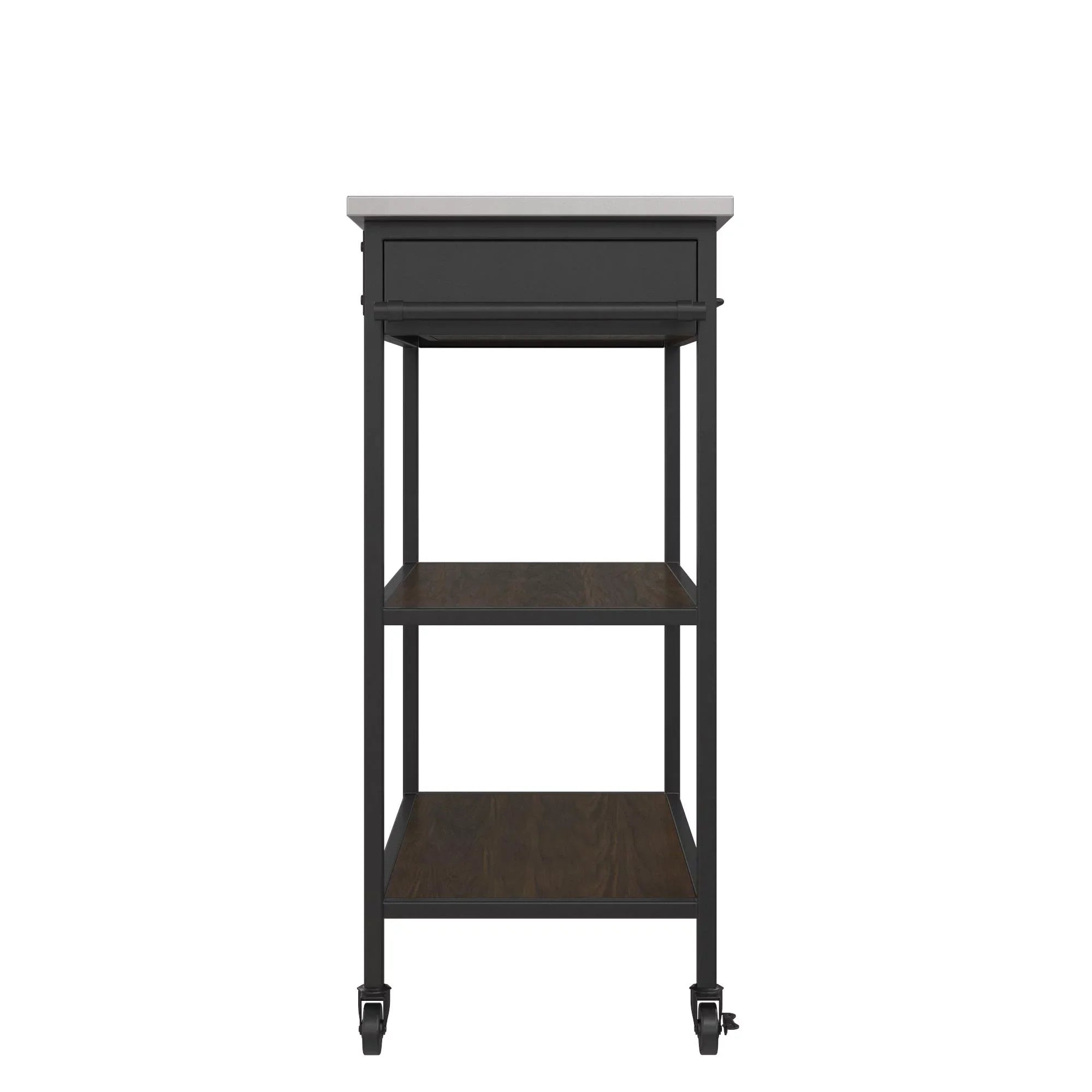 DHP Kane Kitchen Cart, Black Metal Frame, Stainless Steel Counter Top, Pantry Storage, Brown
