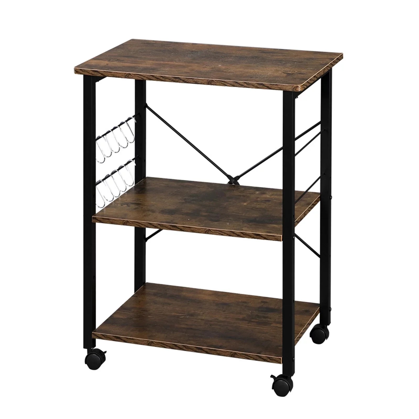 3 Tier Kitchen Microwave Cart, Microwave Stand on Wheels, Coffee Cart with Storage, Rolling Bakers Rack Workstation Shelf with 10 Hooks (24 x 16 x 29 Inches, Rustic Brown)