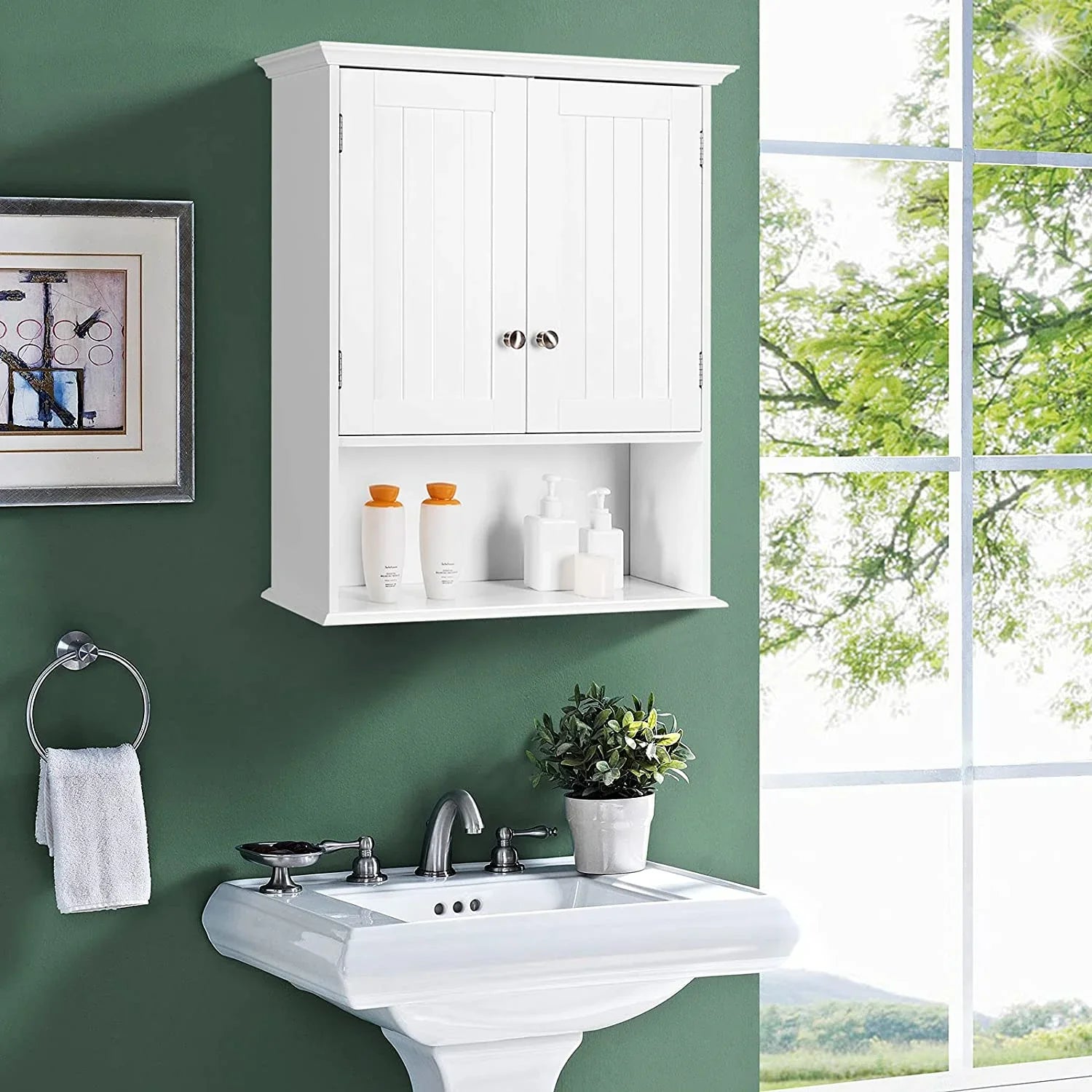 Bathroom Wall Cabinet, Wooden Hanging Storage Cabinet with Doors & Shelves, Multipurpose Storage Cabinet Bathroom Kitchen Living Room, Wall Mounted Bathroom Medicine Cabinet