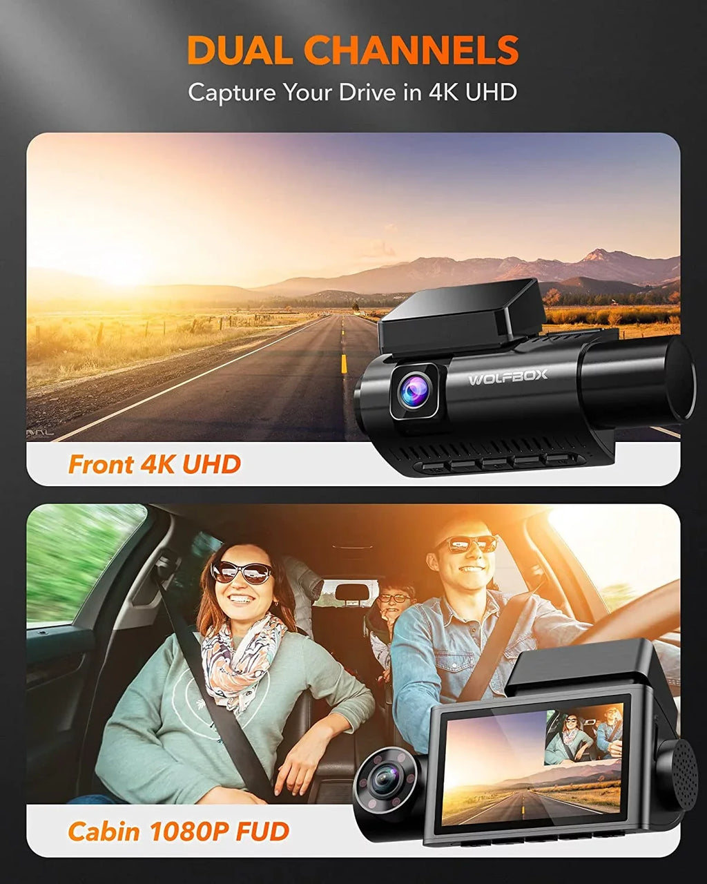 WOLFBOX 4K Dash Cam 3 Channel, WiFi&GPS, 3" LCD DashCam Front and Rear with Super IR Night Vision, Loop Recording, G-Sensor, 24H Parking Monitor