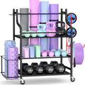 Mythinglogic Yoga Mat Storage Racks, Home Gym Storage Rack, Workout Equipment Storage Organizer with Hooks Wheels