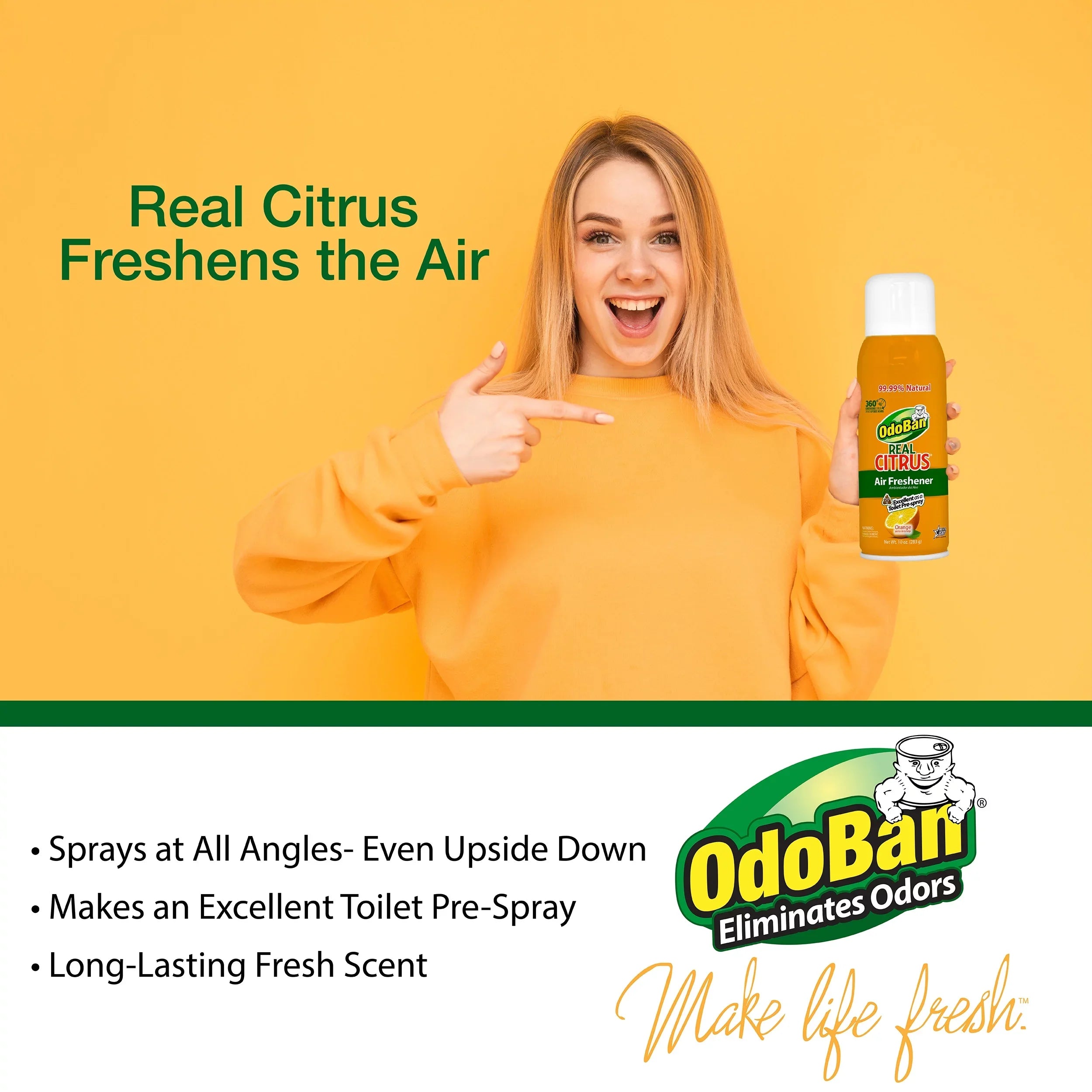 OdoBan Aroma Eliminator Set, 10 Ounce 360-Degree Continuous Spray Natural Oil Real Citrus Orange Air Freshener, 1 Gallon Multipurpose Disinfectant Cleaning Concentrate, 14 Ounce Solid Scent Absorber
