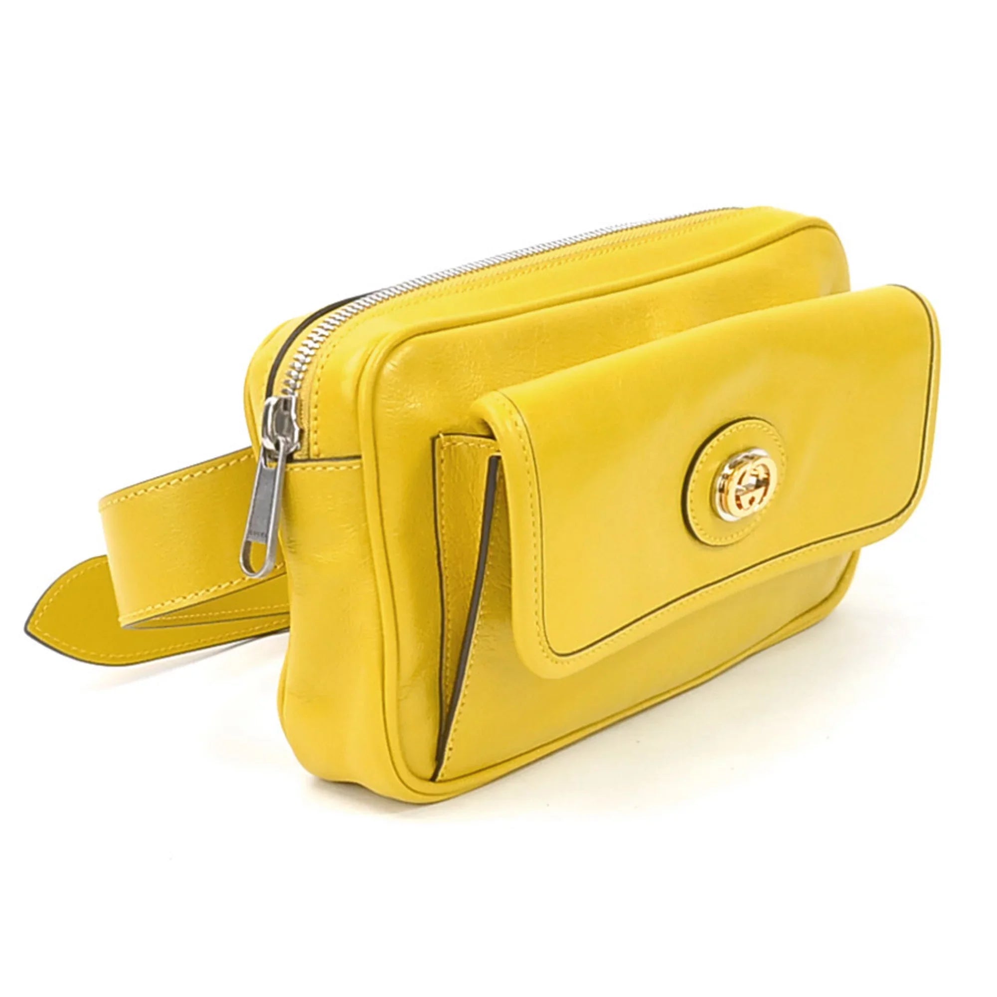 Pre-Owned Gucci GUCCI waist bag belt interlocking G leather yellow silver unisex 598080 (Good)