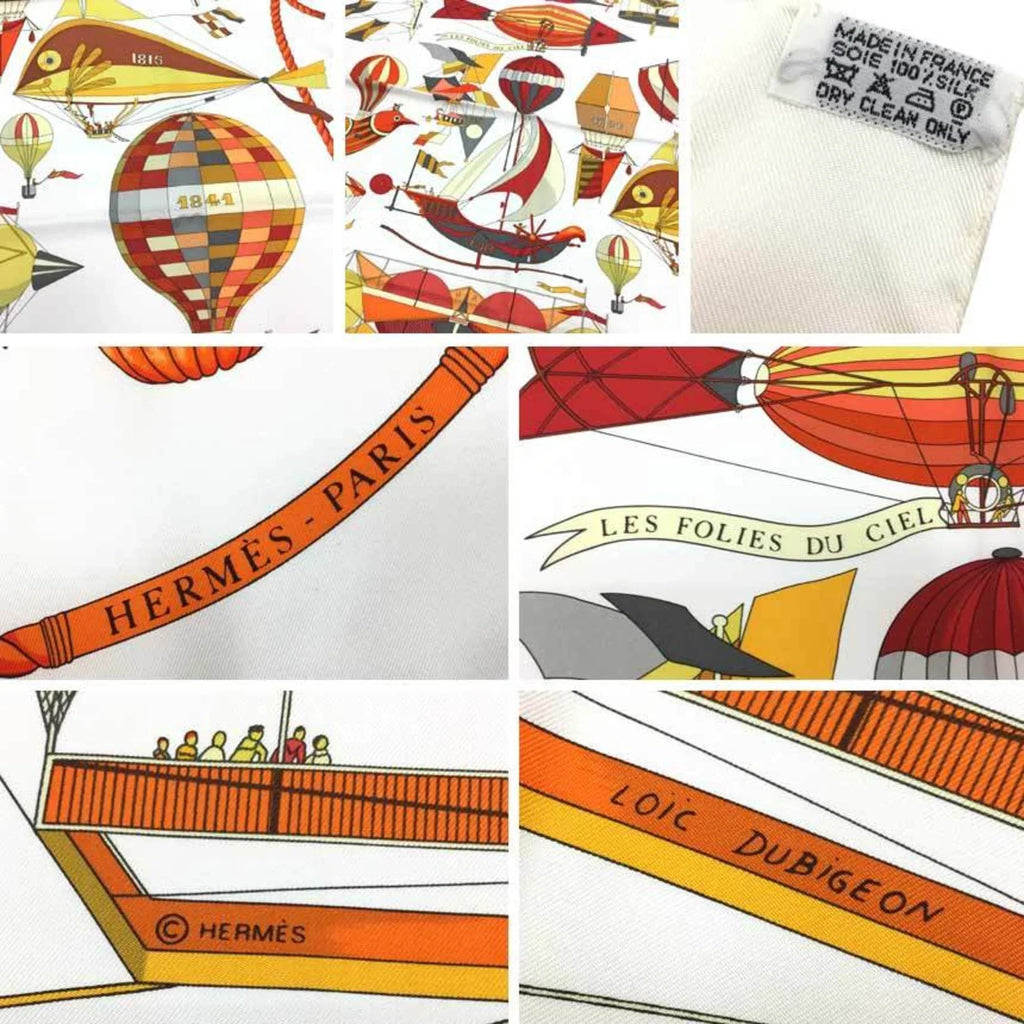 Pre-Owned HERMES Hermes Carre 90 Scarf Muffler LES FOLIES DU CIEL Madness in the Sky Balloon Pattern White/Orange 100% Silk (Like New)