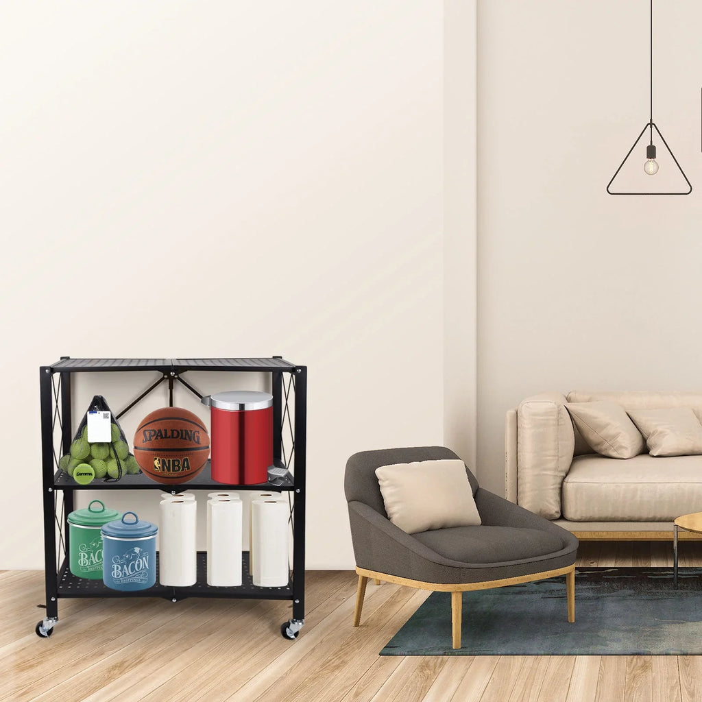 3-Tier Storey Heavy Duty Foldable Metal Rack Storage Shelving Unit with Easy Moving Organizer Shelving Suitable Garage Kitchen, Black
