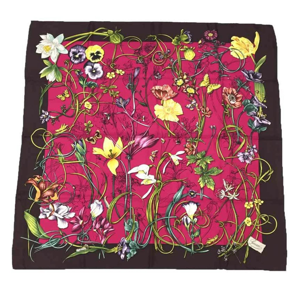 Pre-Owned GUCCI Flora Print Scarf Muffler Large Carre 100% Silk Flower Pink x Bordeaux Gucci aq9410 (Like New)