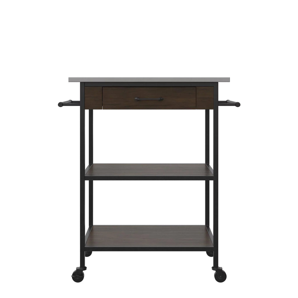 DHP Kane Kitchen Cart, Black Metal Frame, Stainless Steel Counter Top, Pantry Storage, Brown