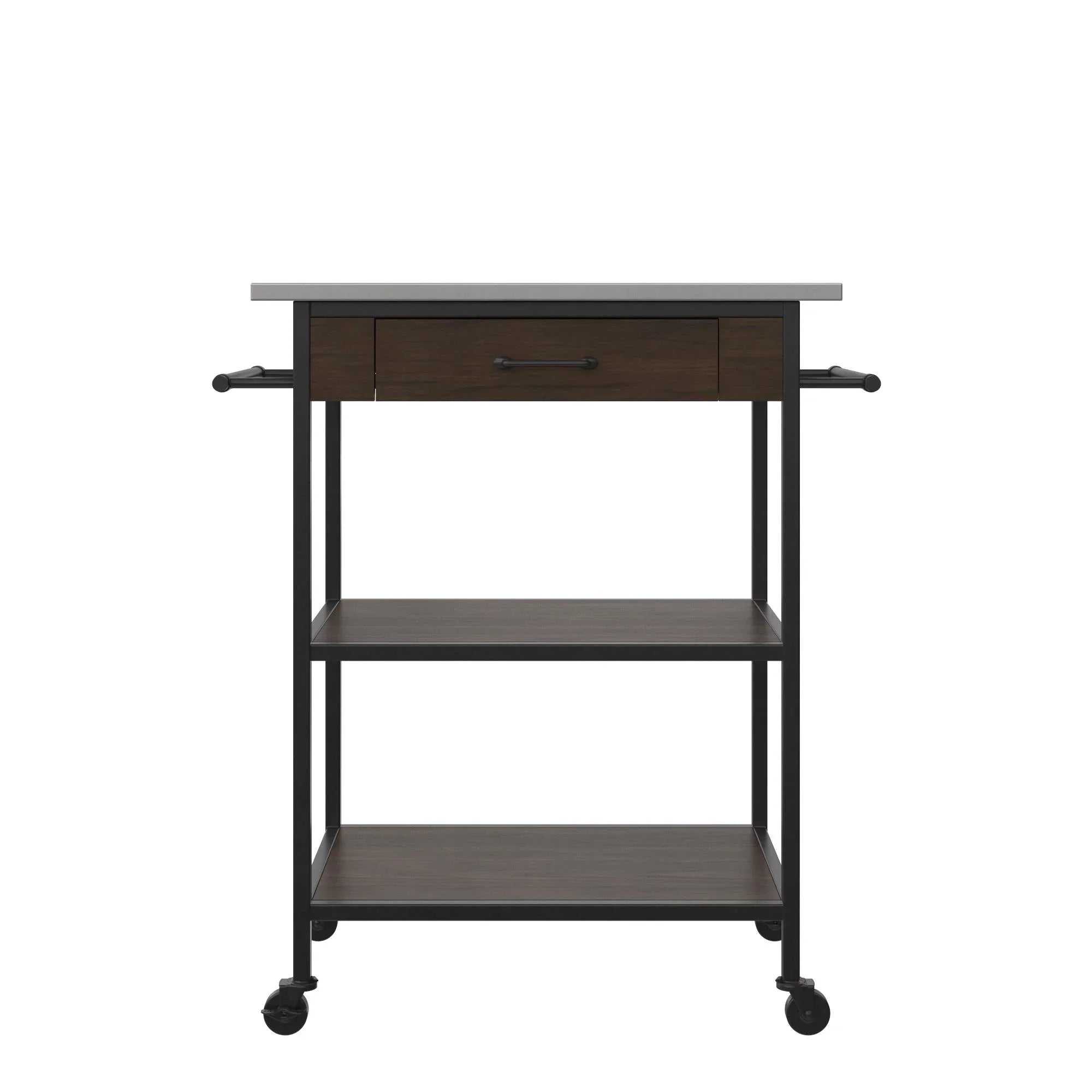 DHP Kane Kitchen Cart, Black Metal Frame, Stainless Steel Counter Top, Pantry Storage, Brown