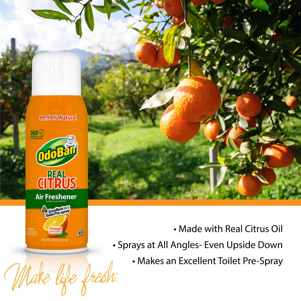 OdoBan Aroma Eliminator Set, 10 Ounce 360-Degree Continuous Spray Natural Oil Real Citrus Orange Air Freshener, 1 Gallon Multipurpose Disinfectant Cleaning Concentrate, 14 Ounce Solid Scent Absorber