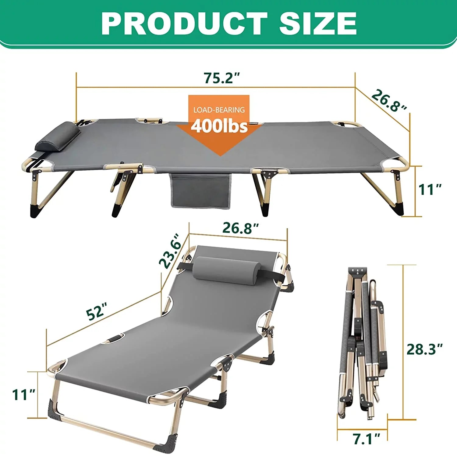 ABORON 4-Fold Portable Folding Chaise Lounge Chair,Camping Cot, with Pillow and Mattress, Adjustable Patio Recliner Garden Beach Outdoor/Indoor
