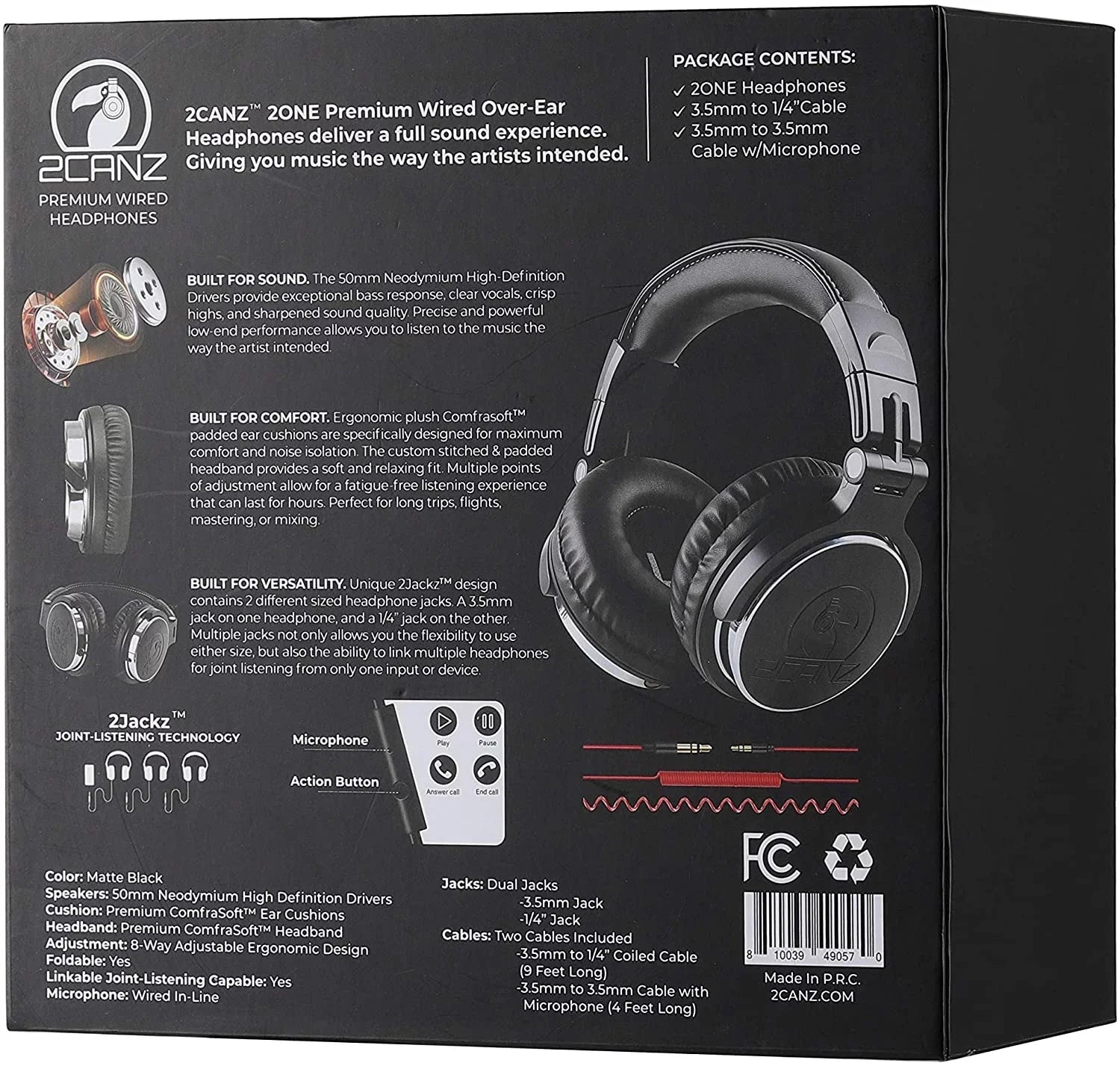 2CANZ Professional Over-Ear DJ Headphones, Black, 2ONE