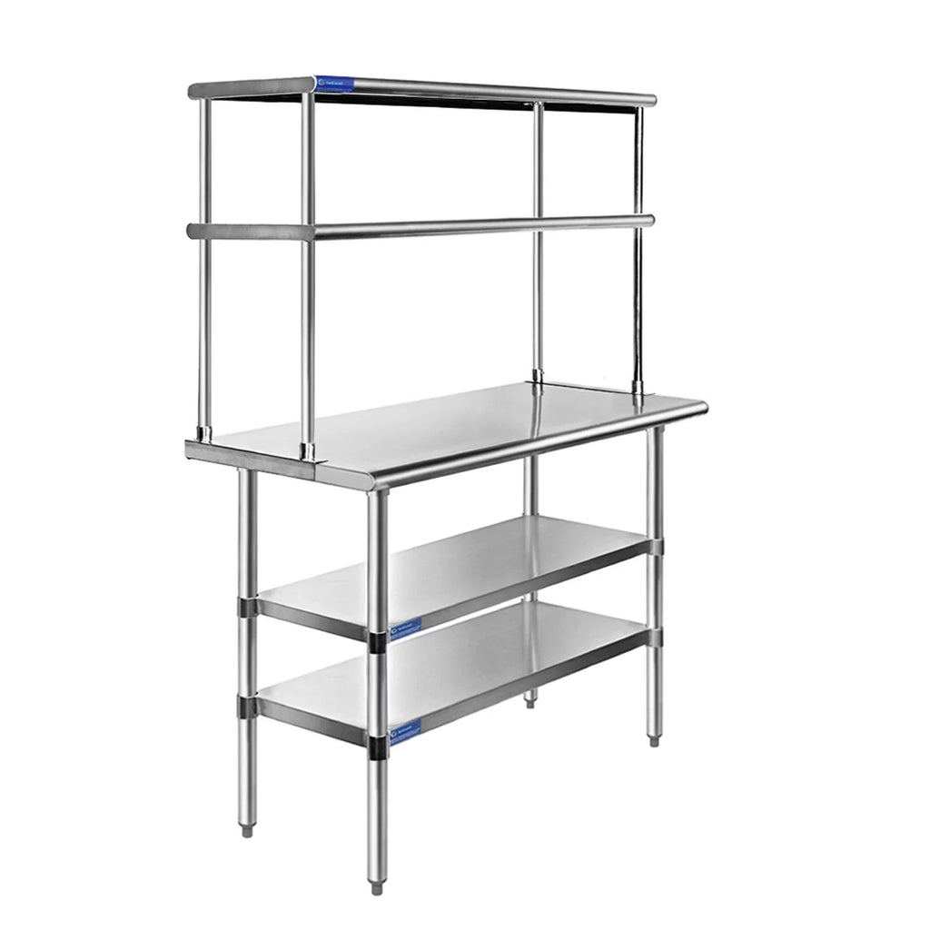 24" x 60" Stainless Steel Work Table With Two Shelves | 18" Wide Double Tier Overshelf | Metal Kitchen Prep Table & Shelving Combo