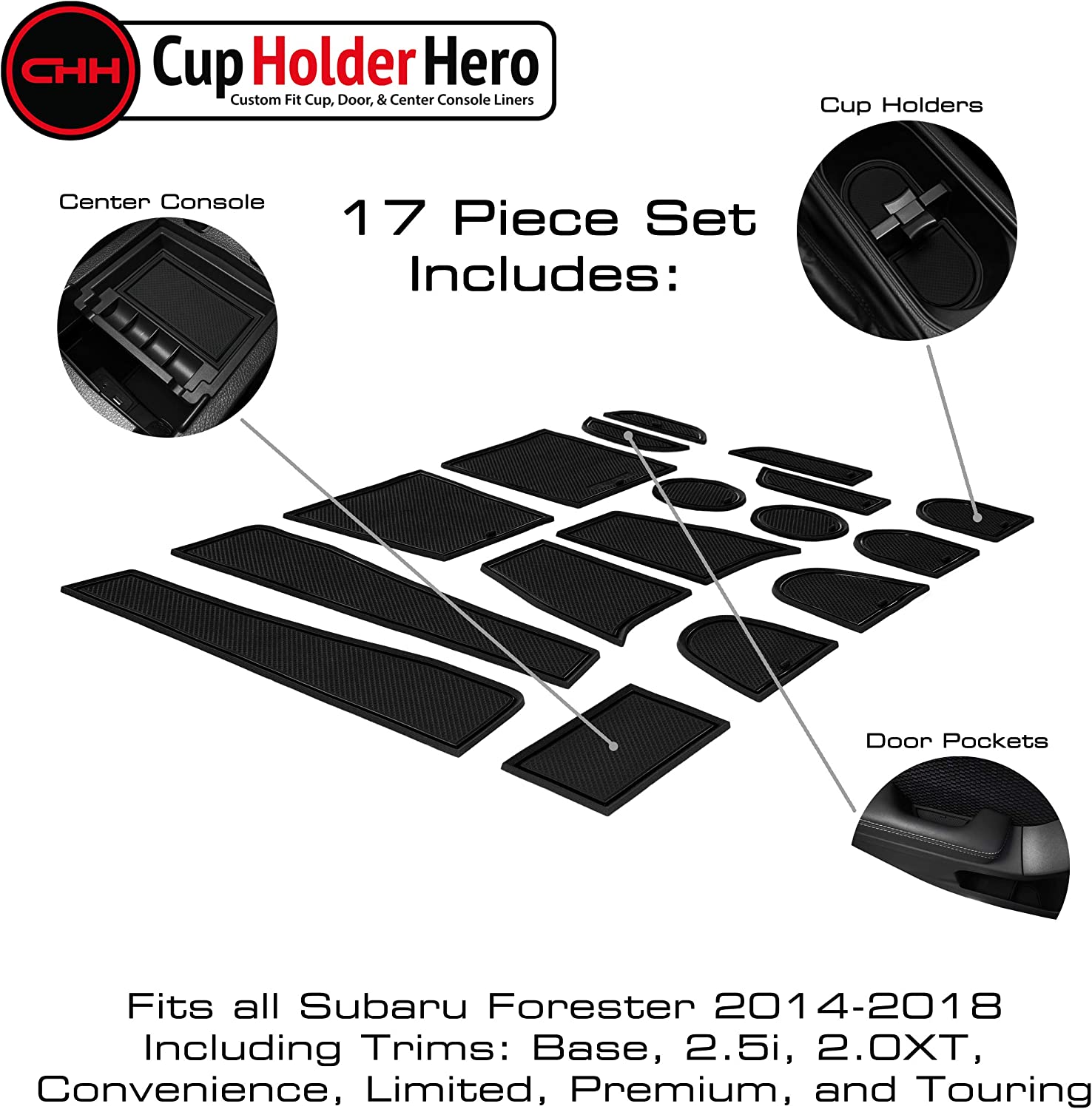 CupHolderHero Subaru Forester Accessories 2014-2018 Premium Custom Interior Non-Slip Anti Dust Cup Holder Inserts, Center Console Liner Mats, Door Pocket Liners 17-pc Set (Solid Black)