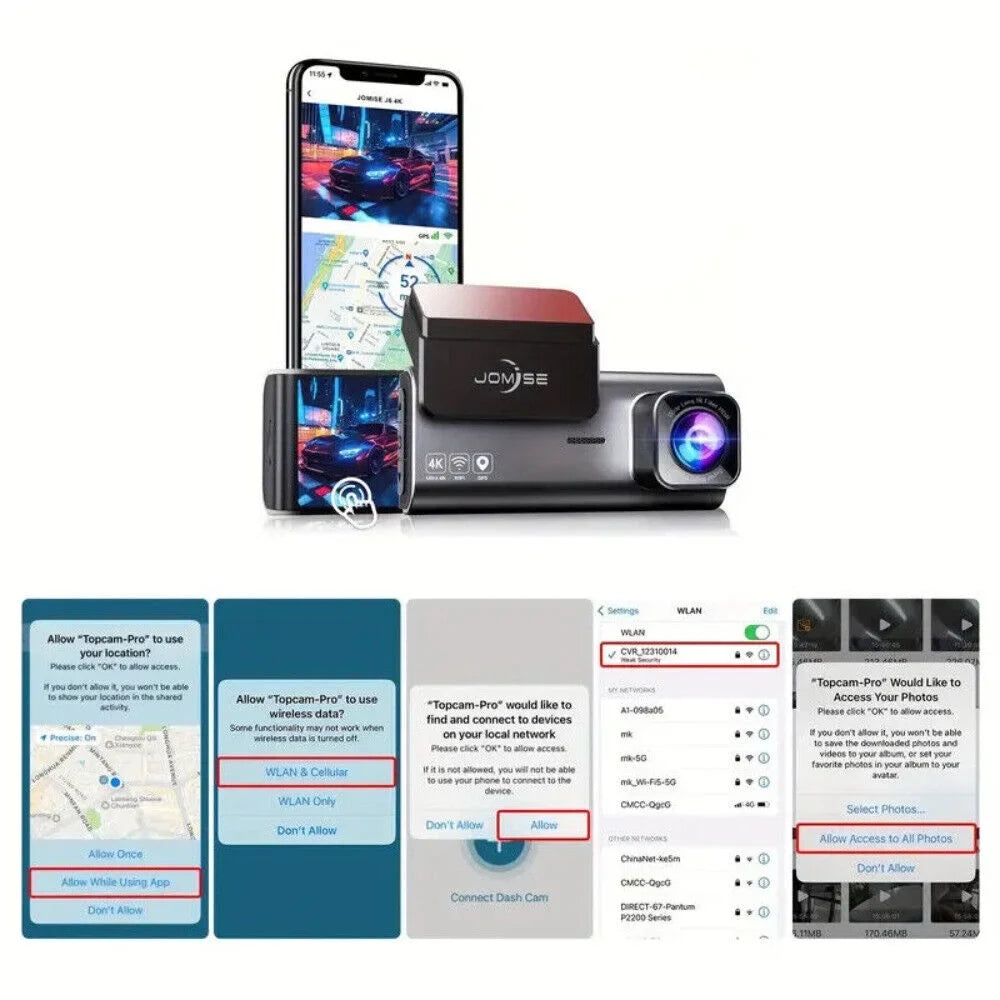 JOMISE Dual Dash Cam Front Rear 4K Full HD Camera Cars Wi-Fi GPS 170° G-Sensor Night Vision