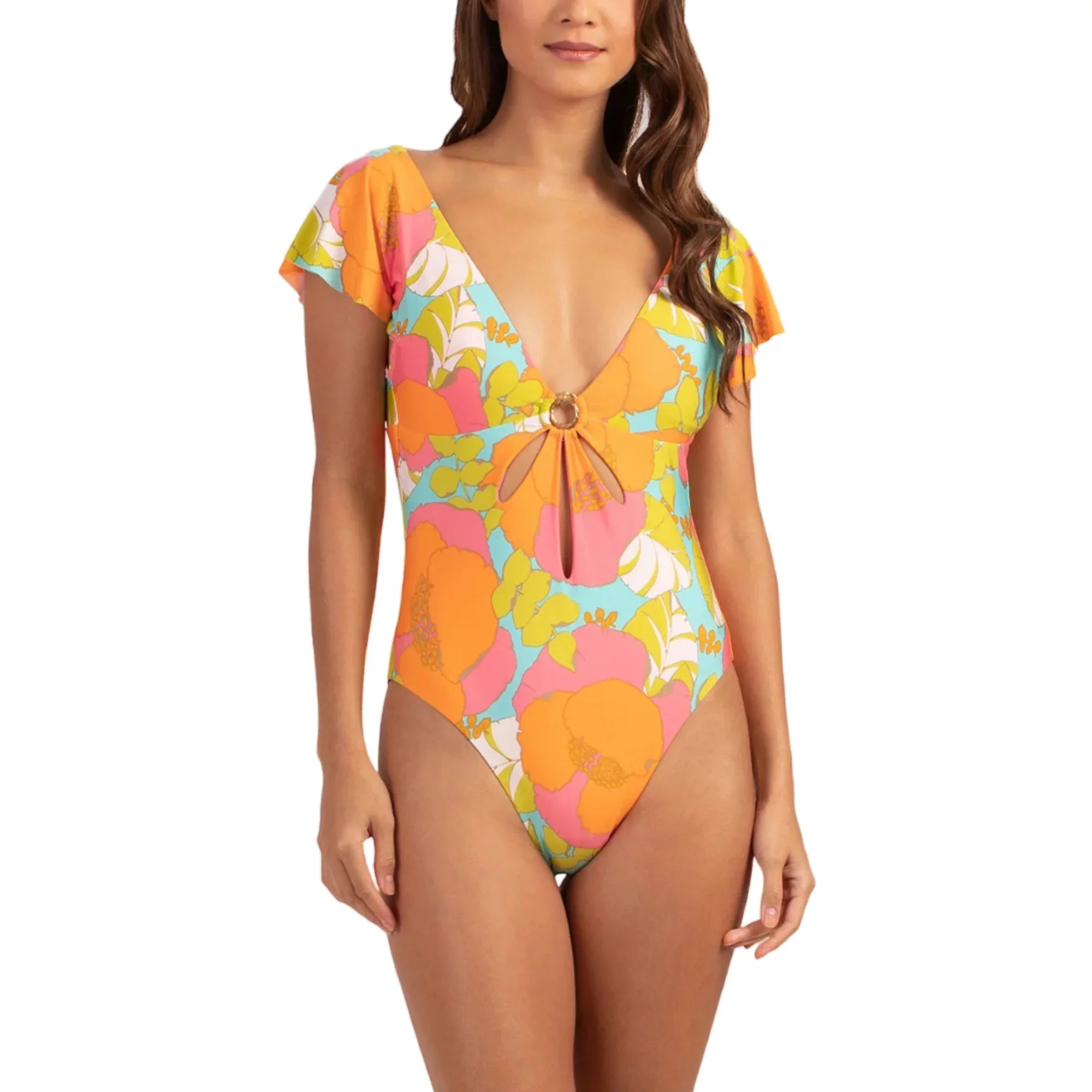 Trina Turk Women's Playa De Flor Keyhole Front Flutter Sleeves One-piece Swimsuit-Orange / 14