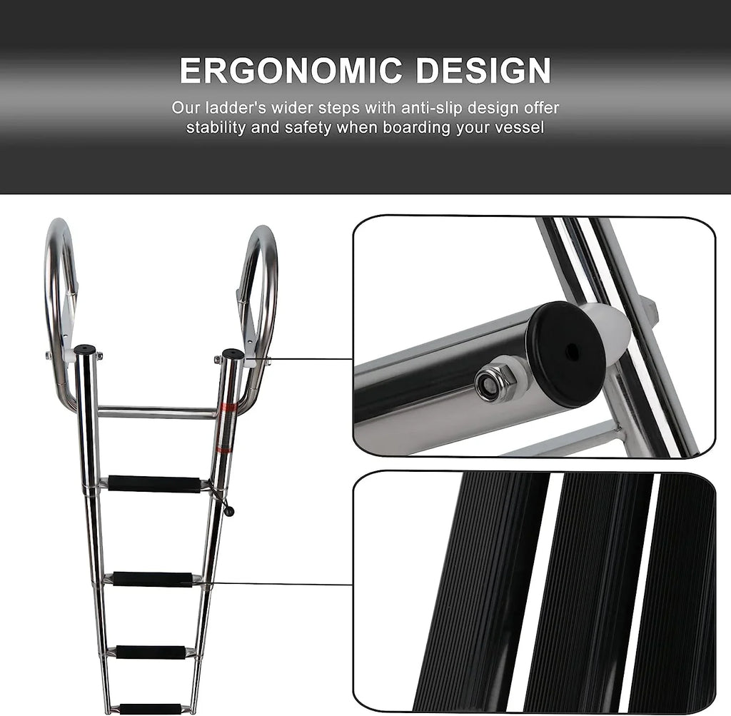 4 Step Pontoon Vessel Ladder,Heavy Duty Telescoping Watercraft Boarding Ladder with Wide Steps, Folding Craft Swim Ladder,Dock Ladder with Hand Railings
