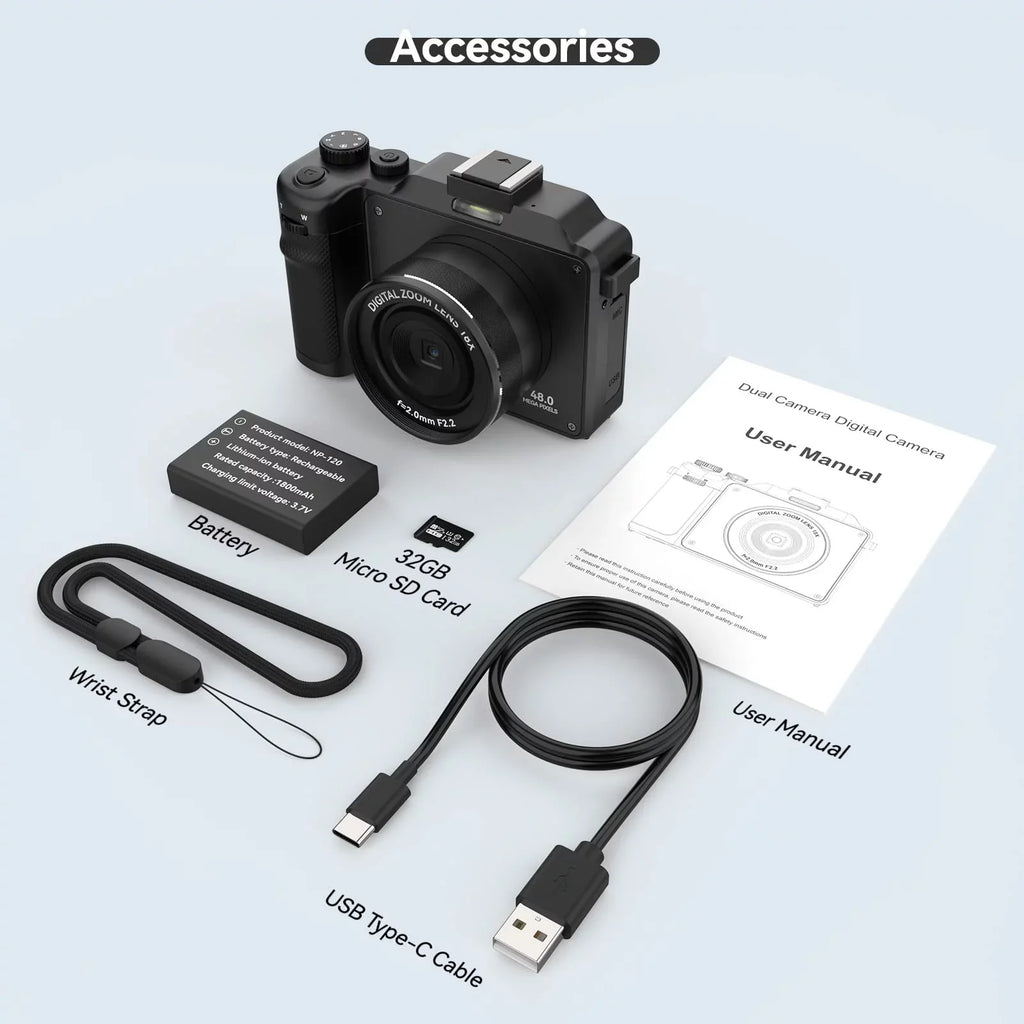 OIEXI 48MP Digital Camera Photography,4K Video Camera with Front and Rear Dual Cameras,18X Digital Zoom,3.0-inch Screen,32GB Micro Card,Rechargeable Battery,Camera Kids/Teens/Beginners(Black)