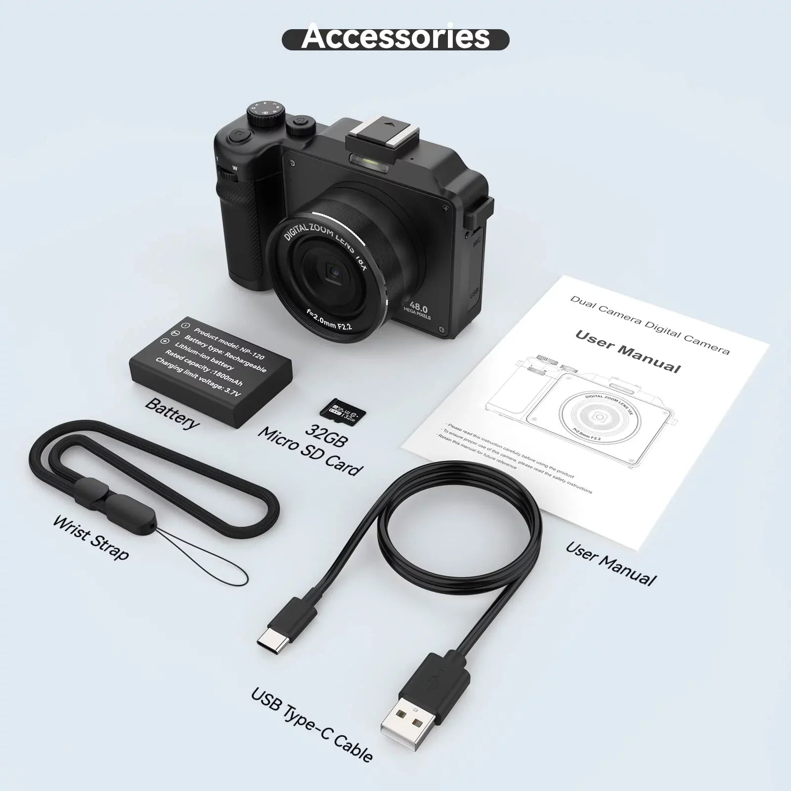 OIEXI 48MP Digital Camera Photography,4K Video Camera with Front and Rear Dual Cameras,18X Digital Zoom,3.0-inch Screen,32GB Micro Card,Rechargeable Battery,Camera Kids/Teens/Beginners(Black)