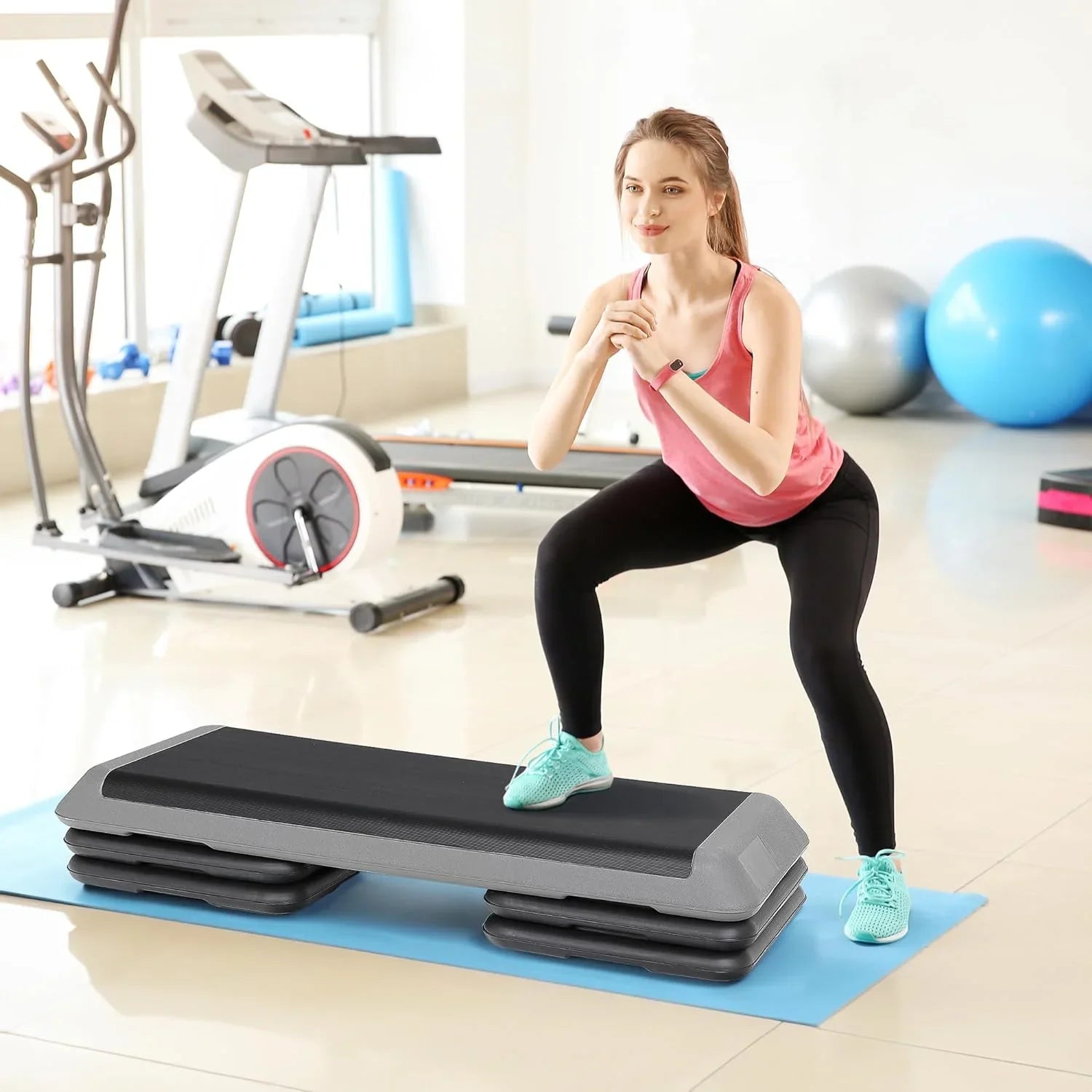 43'' Exercise Aerobic Step Platm, Adjustable Fitness Stepper with 4 Stackable Risers, Aerobics Stepper Workout Stepper Home Gym Cardio Strength & Training