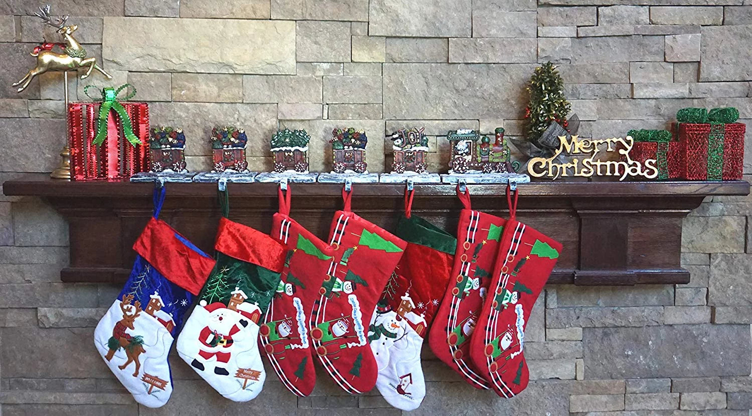 LuLu Decor, 100% Cast Iron Christmas Stocking Holders, 2D Train Engine with 5 Rail carts, 7 Stocking Hooks, Beautiful & Strong Sturdy Heavy Hooks, Each Weighs Approx 3 lb (Combo Train 2D)