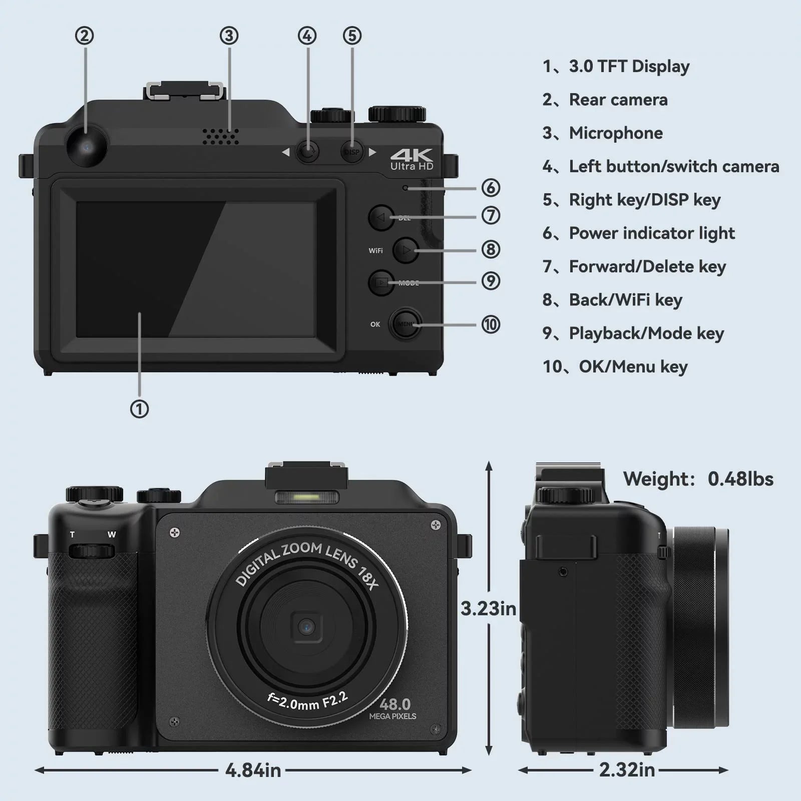 OIEXI 48MP Digital Camera Photography,4K Video Camera with Front and Rear Dual Cameras,18X Digital Zoom,3.0-inch Screen,32GB Micro Card,Rechargeable Battery,Camera Kids/Teens/Beginners(Black)