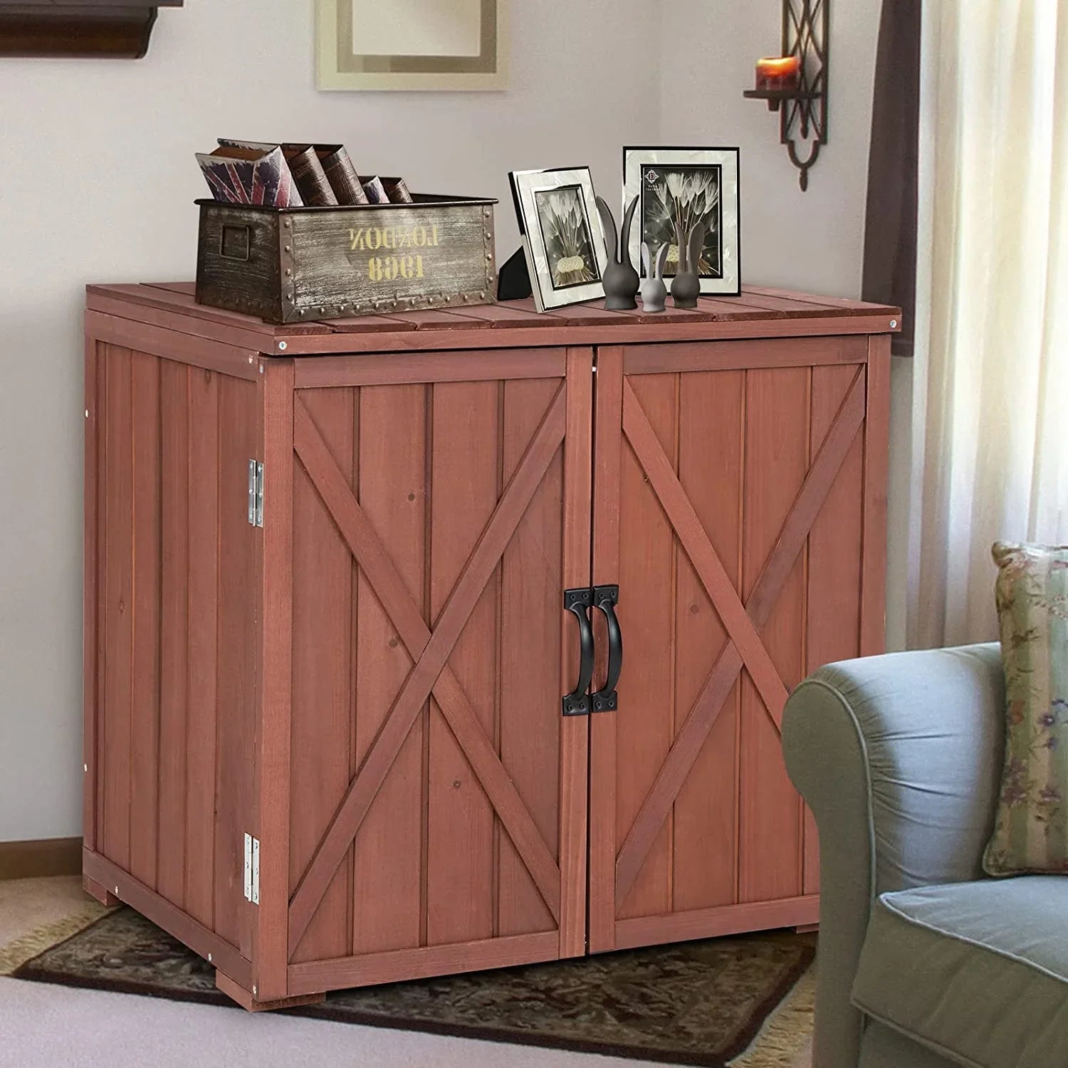 30" Outdoor Storage Box, Wooden Storage Deck Box W/Spacious Inner Space & Countertop, Tool Storage Cabinet Backyard Garden Porch, Easy Assembly, 30" x 22" x 28.5" (Brown)
