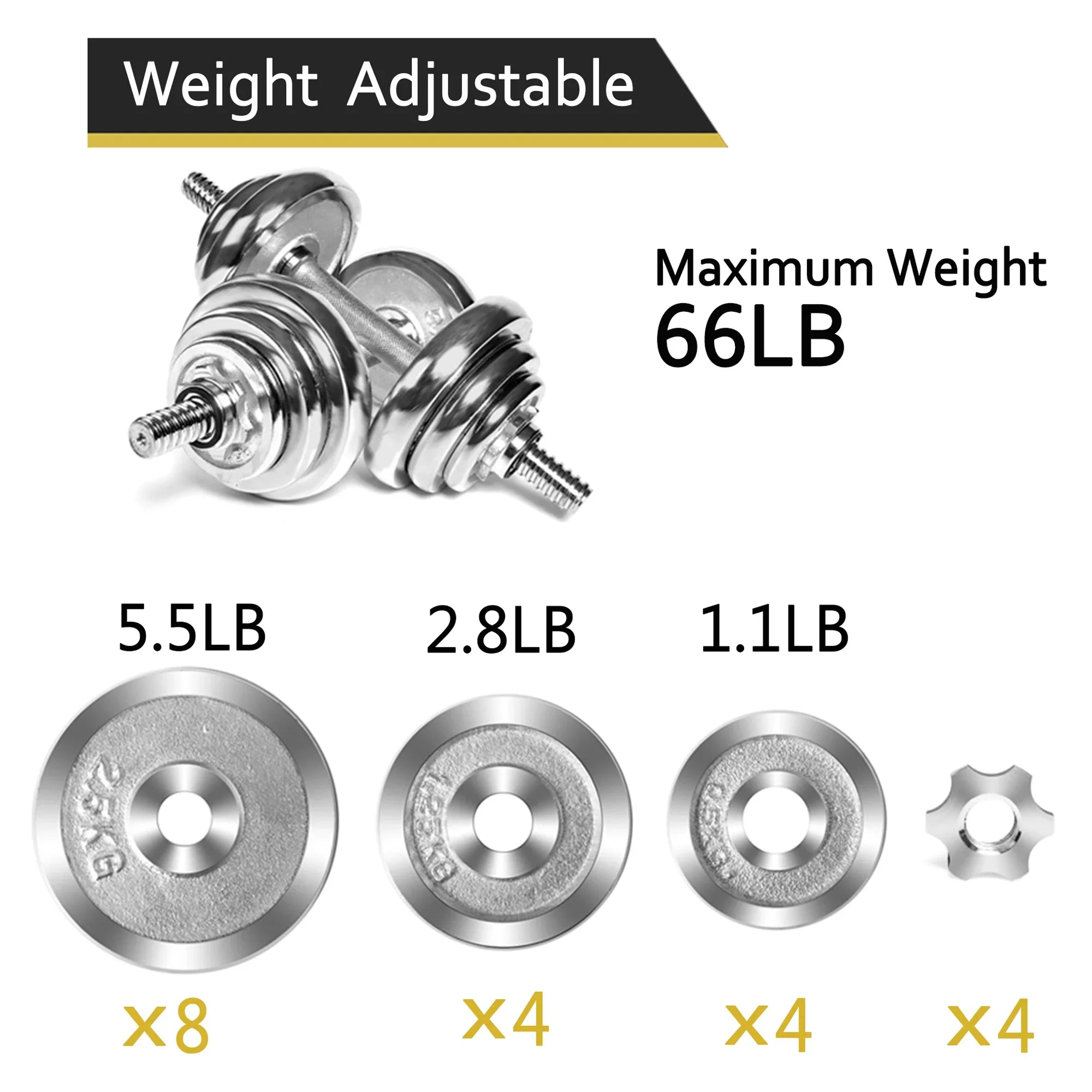 SAYFUT 66LB Dumbbell Weight Set Detachable Fitness Dumbbells Barbells Adjustable Gym Household Exercise, Silver
